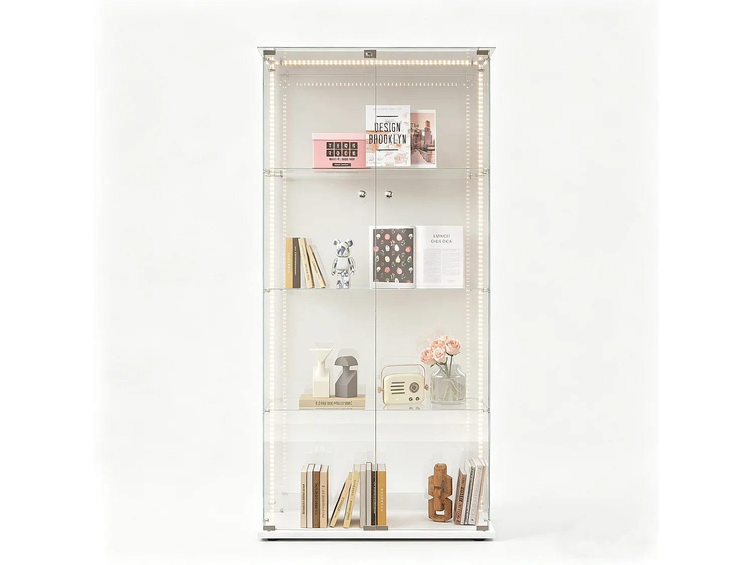 Vitrina de cristal con tiras LED, vitrina, 2 puertas con cerradura, 4 estantes, 163 x 78,5 x 35 cm, color blanco