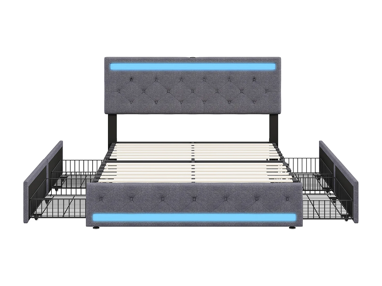 Lit double 140 x 190 cm - avec éclairage LED et port USB - tête de lit réglable en hauteur - 4 tiroirs - lin - gris