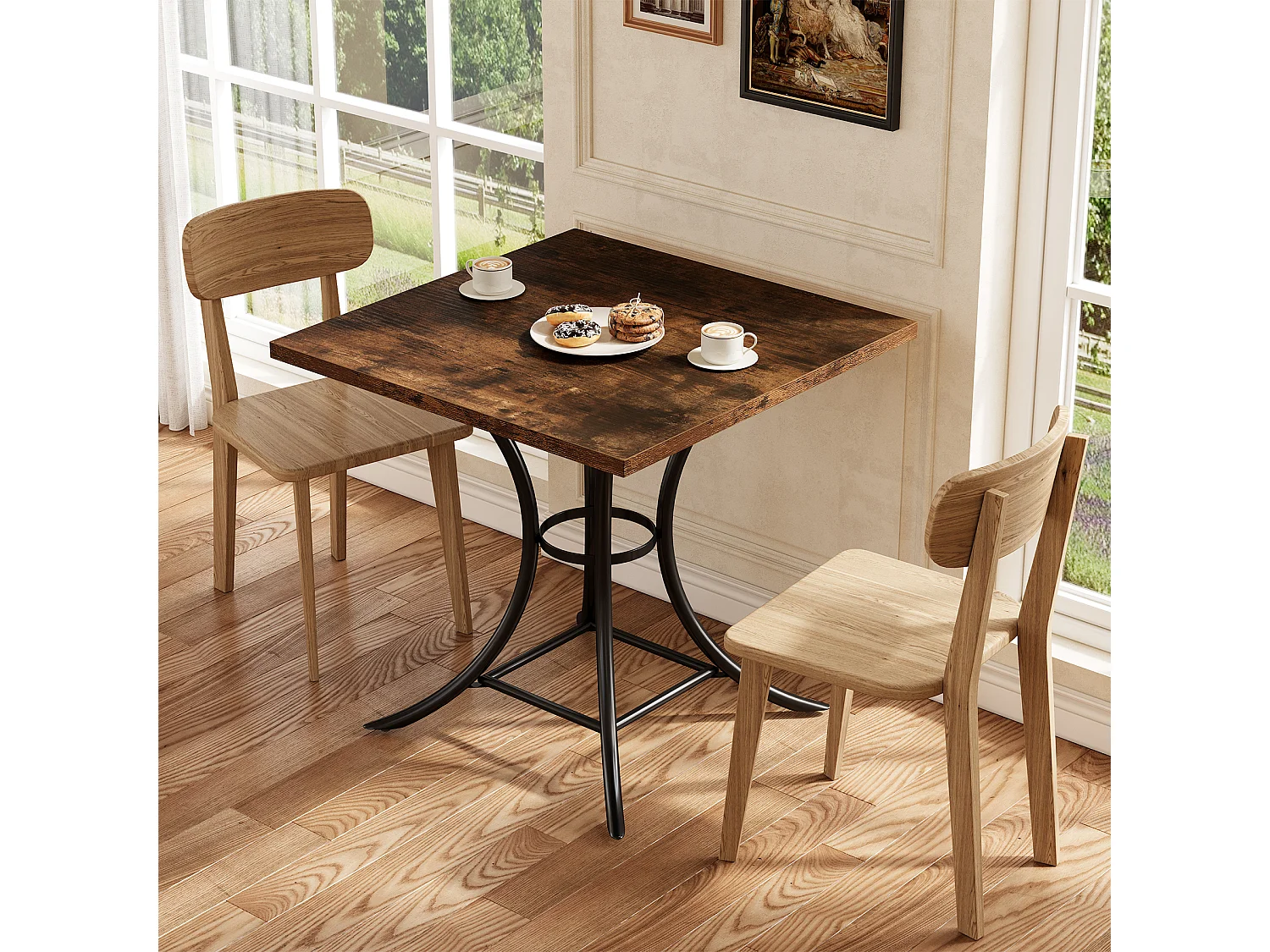 Table de salle à manger carrée pour 2 à 4 personnes, avec repose-pieds intégré.