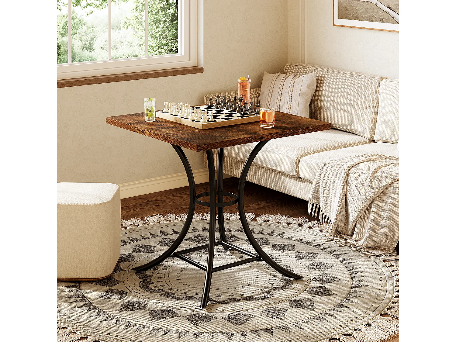 Table de salle à manger carrée pour 2 à 4 personnes, avec repose-pieds intégré.