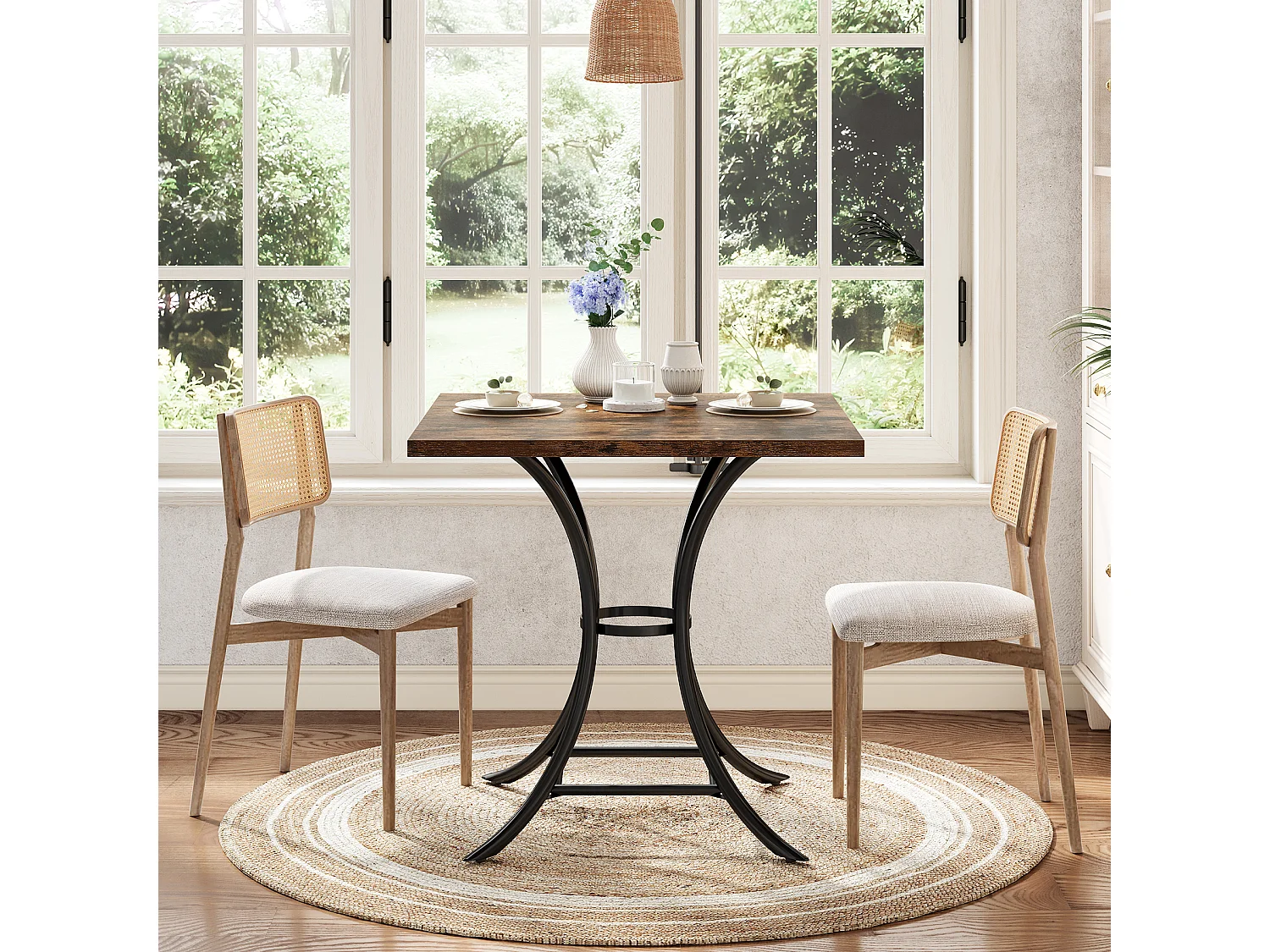 Table de salle à manger carrée pour 2 à 4 personnes, avec repose-pieds intégré.