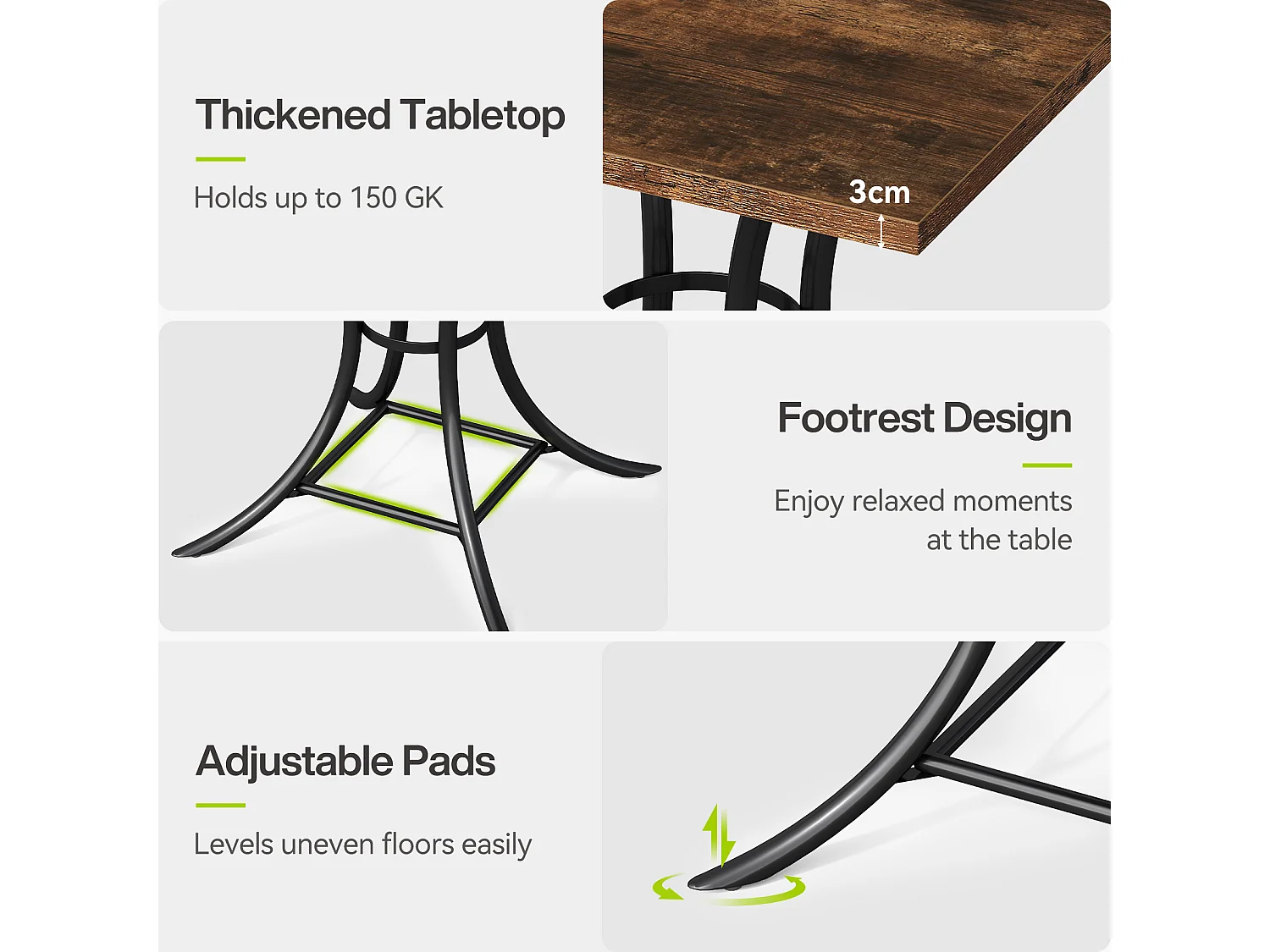 Table de salle à manger carrée pour 2 à 4 personnes, avec repose-pieds intégré.