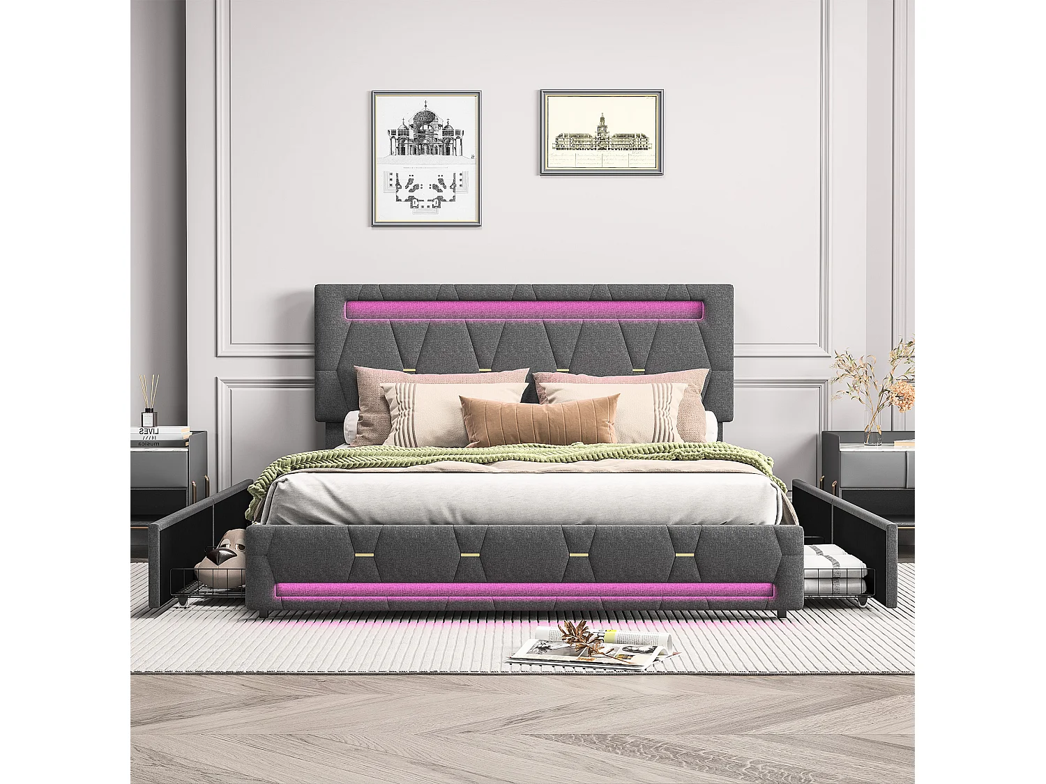 Lit double 140x200cm - avec 4 tiroirs - éclairage LED et port USB -hauteur de tête de lit réglable - lin - gris