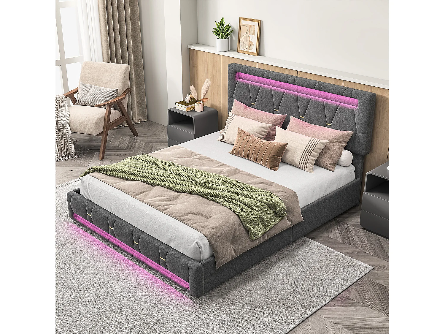 Lit double 140x200cm - avec 4 tiroirs - éclairage LED et port USB -hauteur de tête de lit réglable - lin - gris