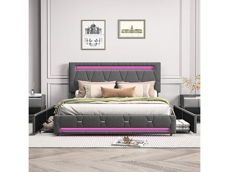 Lit double 140x200cm - avec 4 tiroirs - éclairage LED et port USB -hauteur de tête de lit réglable - lin - gris