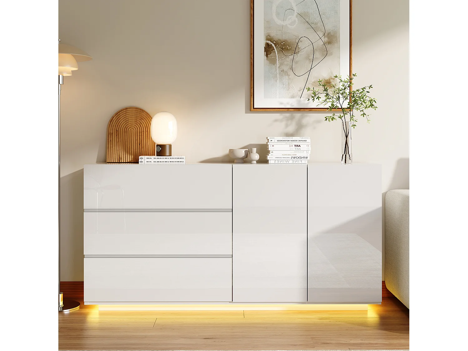 Aparador/cómoda lacado alto brillo con 2 puertas y 3 cajones, mueble de salón con iluminación LED, mueble de cocina, color blanco