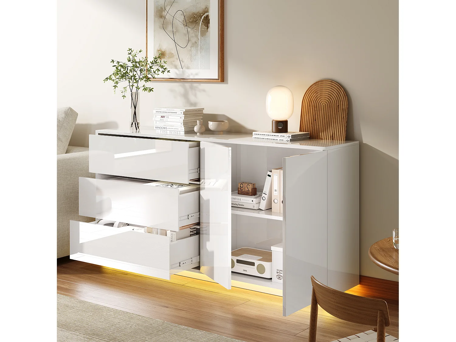 Aparador/cómoda lacado alto brillo con 2 puertas y 3 cajones, mueble de salón con iluminación LED, mueble de cocina, color blanco