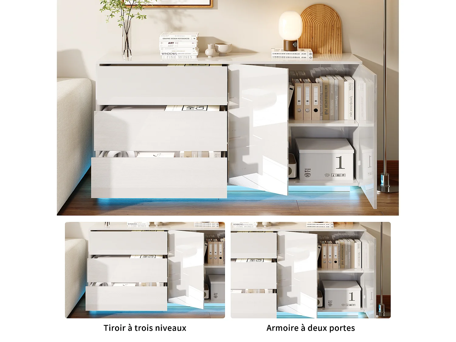 Aparador/cómoda lacado alto brillo con 2 puertas y 3 cajones, mueble de salón con iluminación LED, mueble de cocina, color blanco