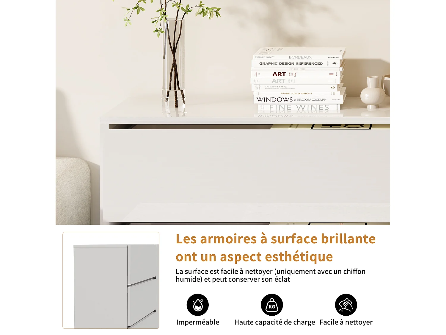 Aparador/cómoda lacado alto brillo con 2 puertas y 3 cajones, mueble de salón con iluminación LED, mueble de cocina, color blanco