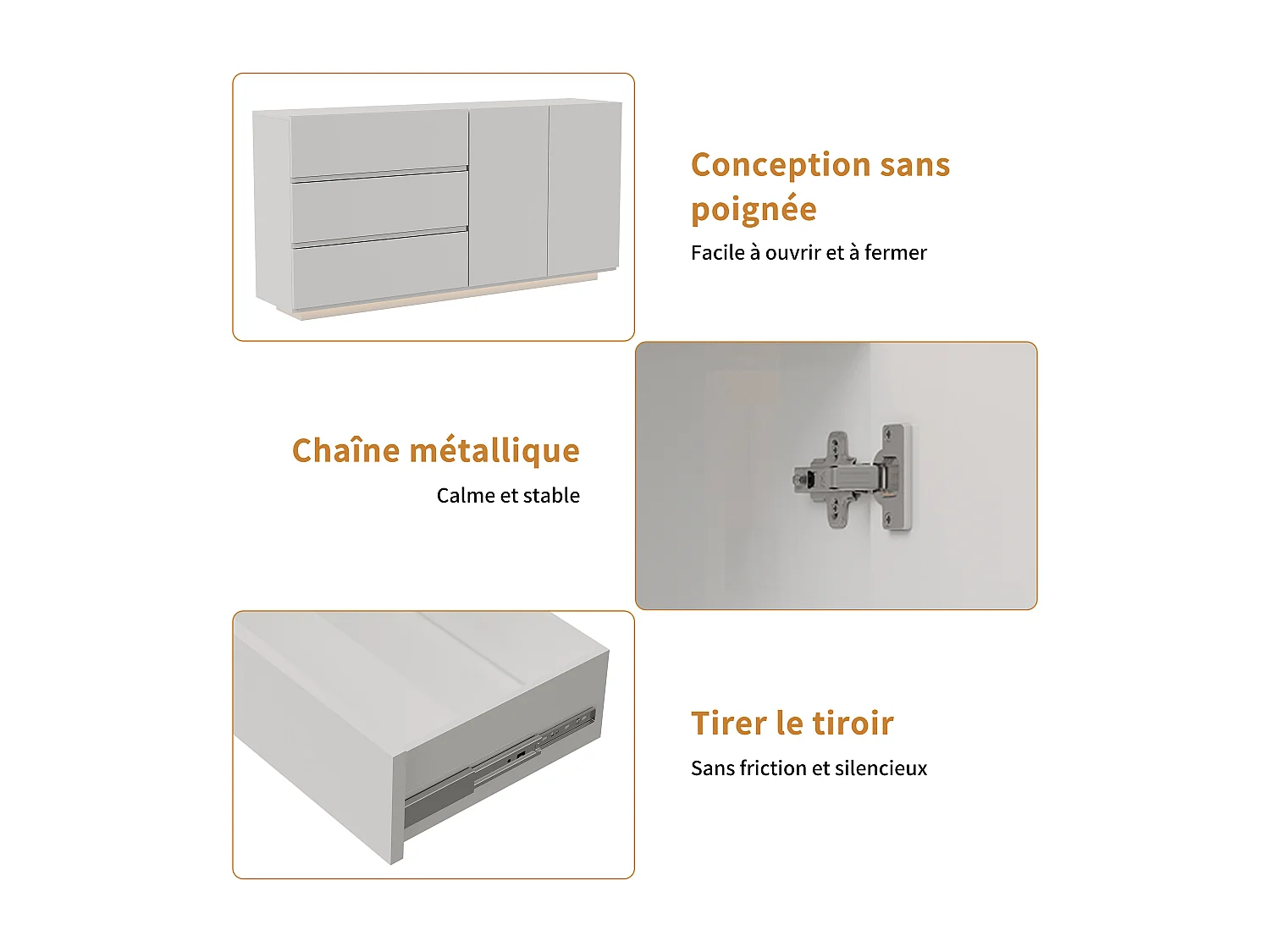 Aparador/cómoda lacado alto brillo con 2 puertas y 3 cajones, mueble de salón con iluminación LED, mueble de cocina, color blanco