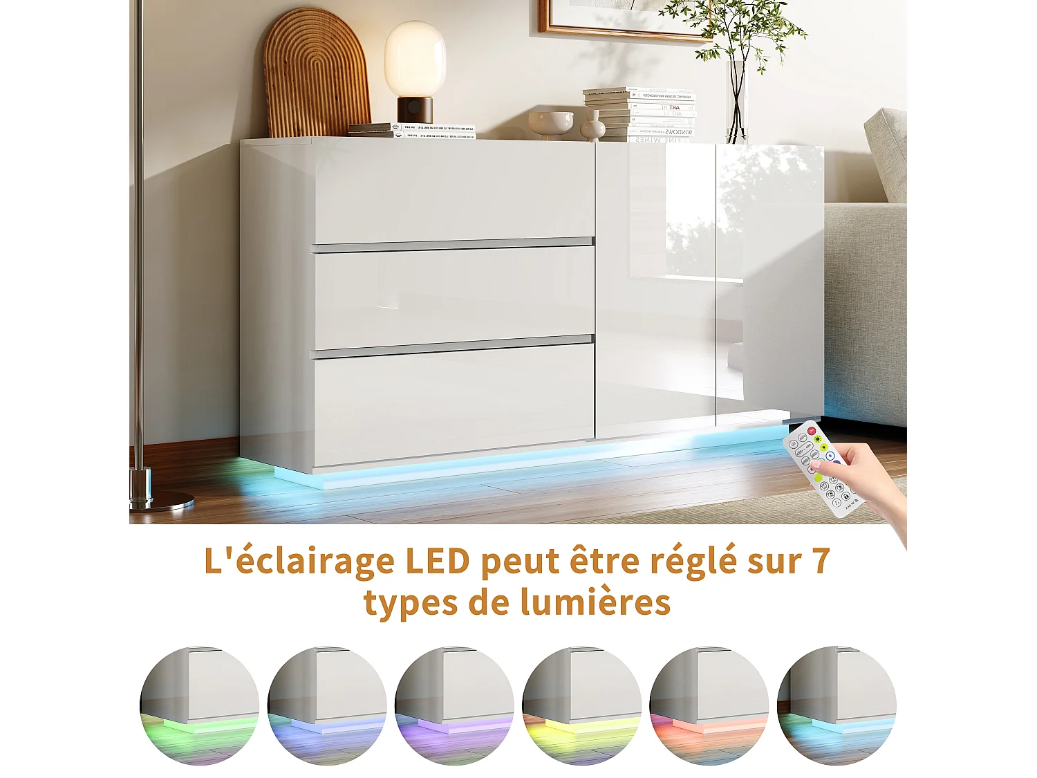 Aparador/cómoda lacado alto brillo con 2 puertas y 3 cajones, mueble de salón con iluminación LED, mueble de cocina, color blanco
