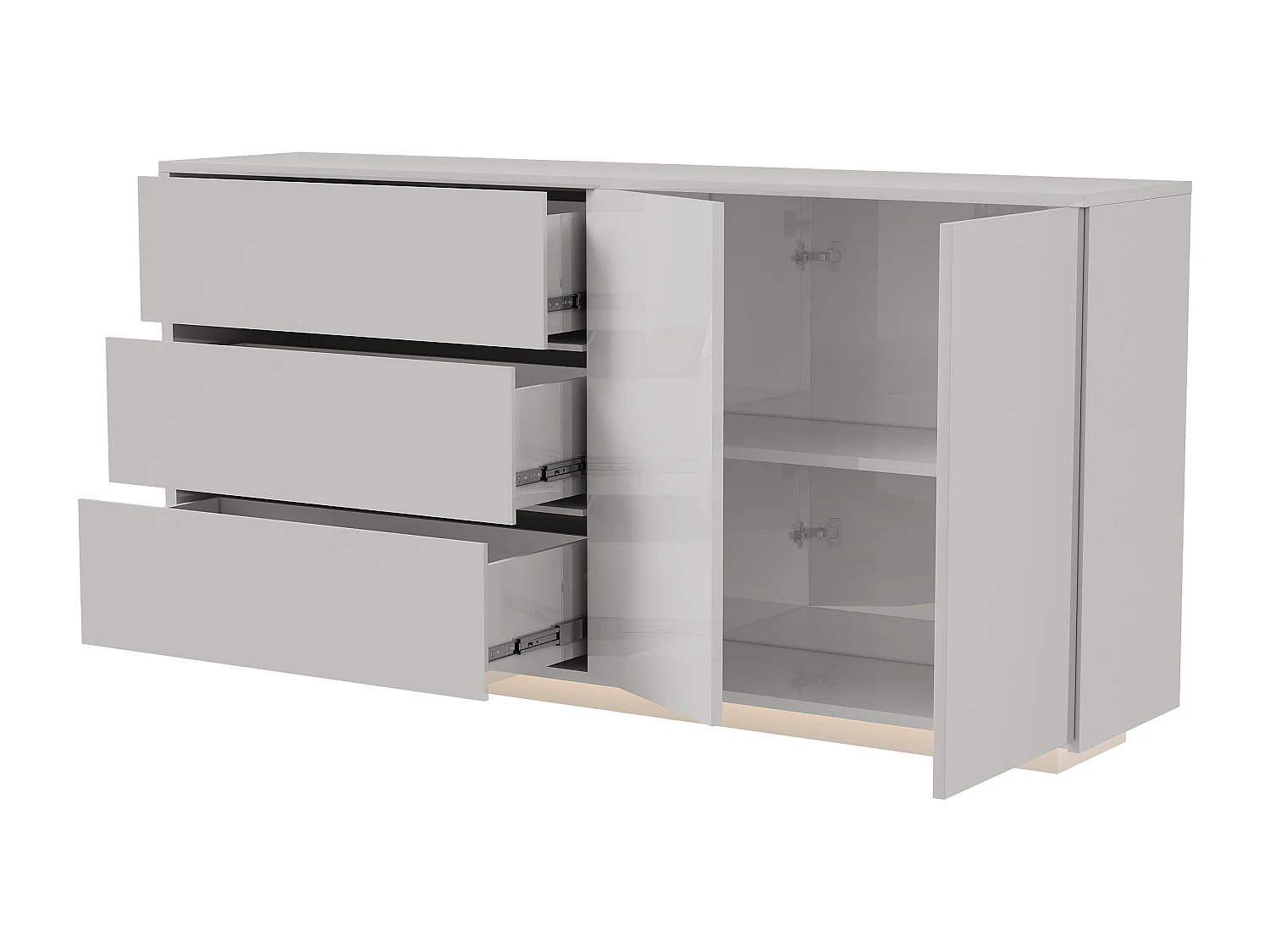 Aparador/cómoda lacado alto brillo con 2 puertas y 3 cajones, mueble de salón con iluminación LED, mueble de cocina, color blanco