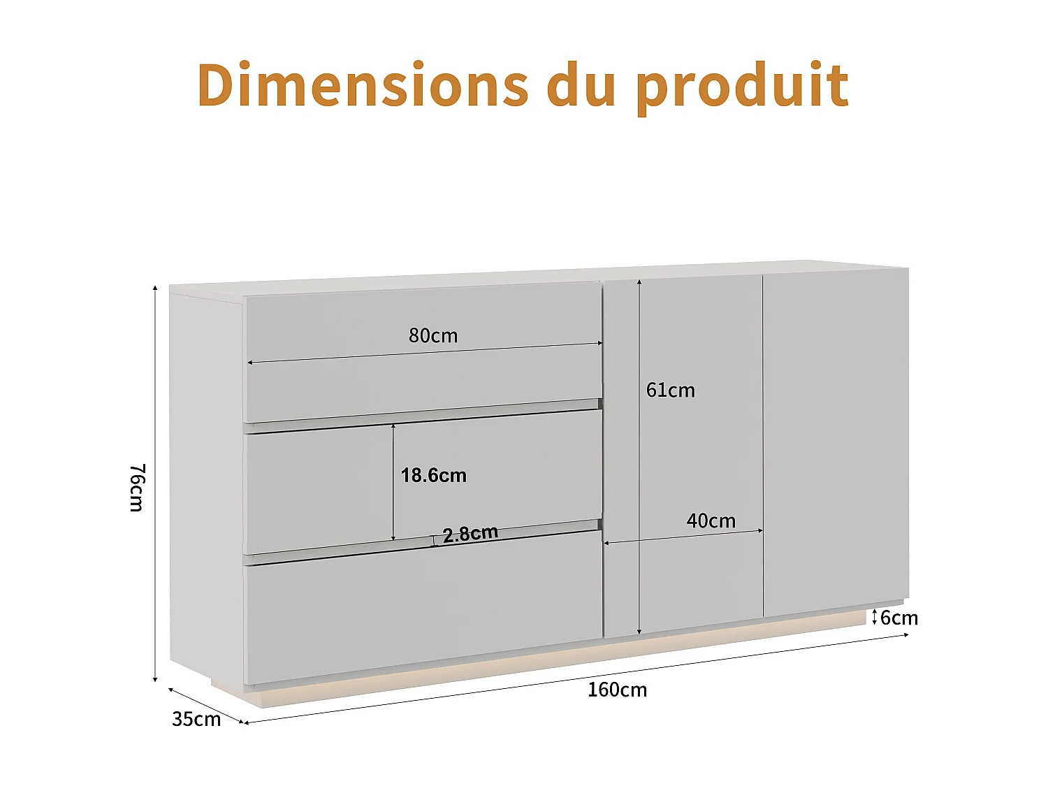 Aparador/cómoda lacado alto brillo con 2 puertas y 3 cajones, mueble de salón con iluminación LED, mueble de cocina, color blanco