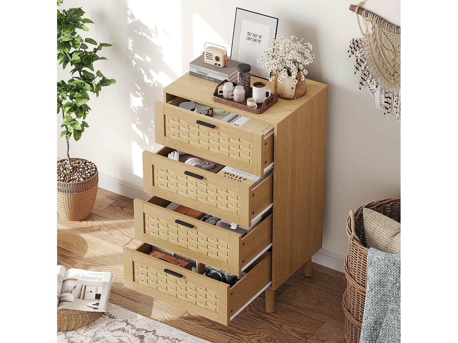 Commode en osier à 4 tiroirs - avec poignées et pieds - 55 x 39,8 x 95 cm - meuble de rangement - couleur chêne