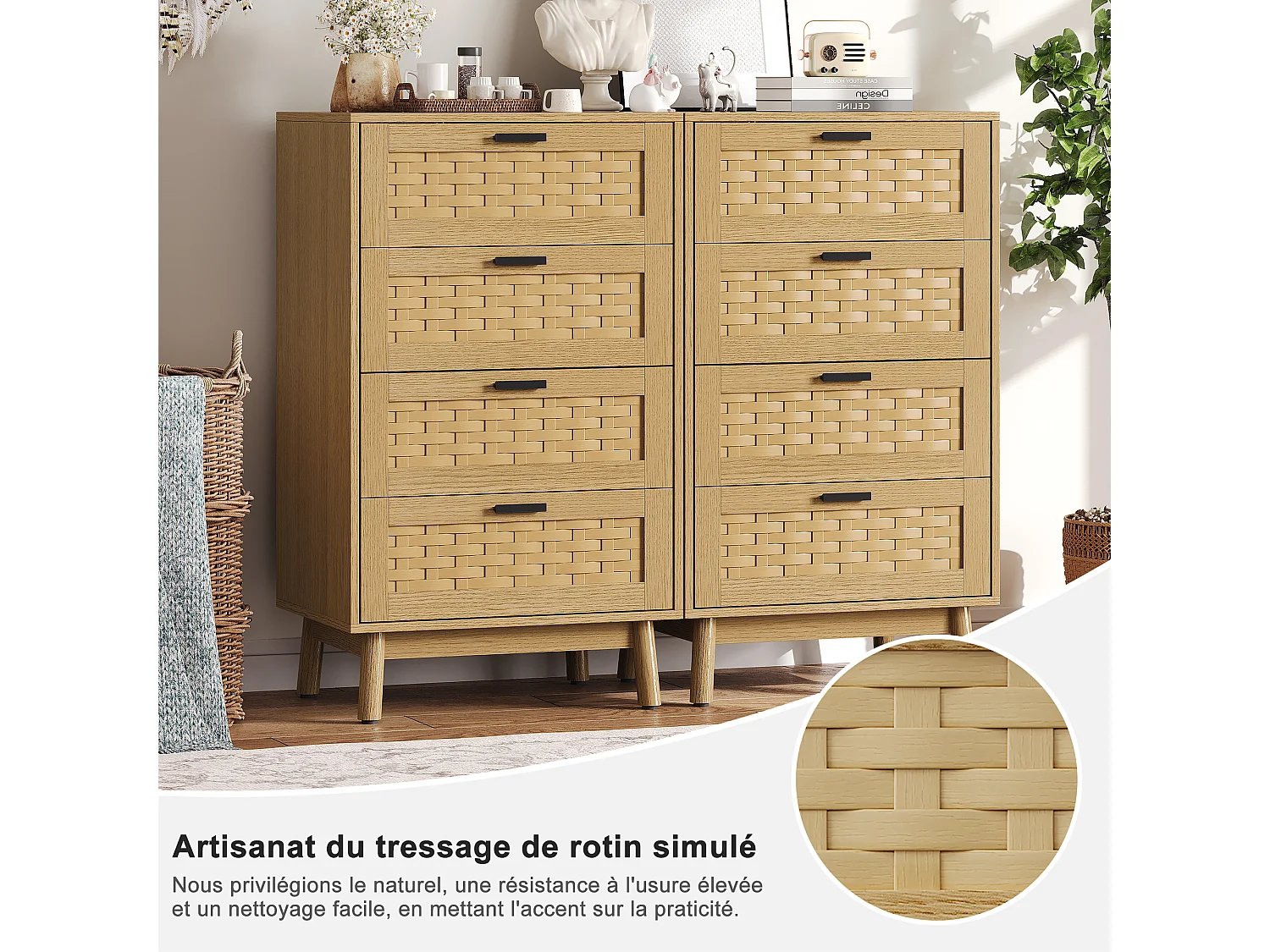 Commode en osier à 4 tiroirs - avec poignées et pieds - 55 x 39,8 x 95 cm - meuble de rangement - couleur chêne