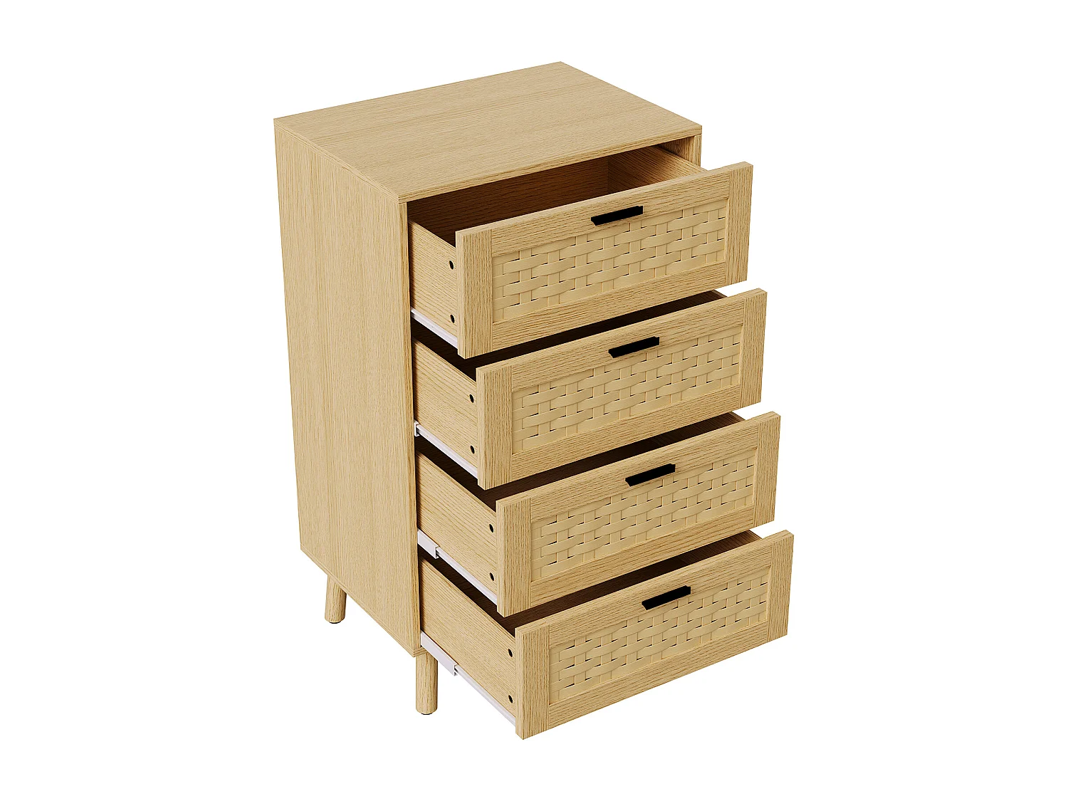 Commode en osier à 4 tiroirs - avec poignées et pieds - 55 x 39,8 x 95 cm - meuble de rangement - couleur chêne