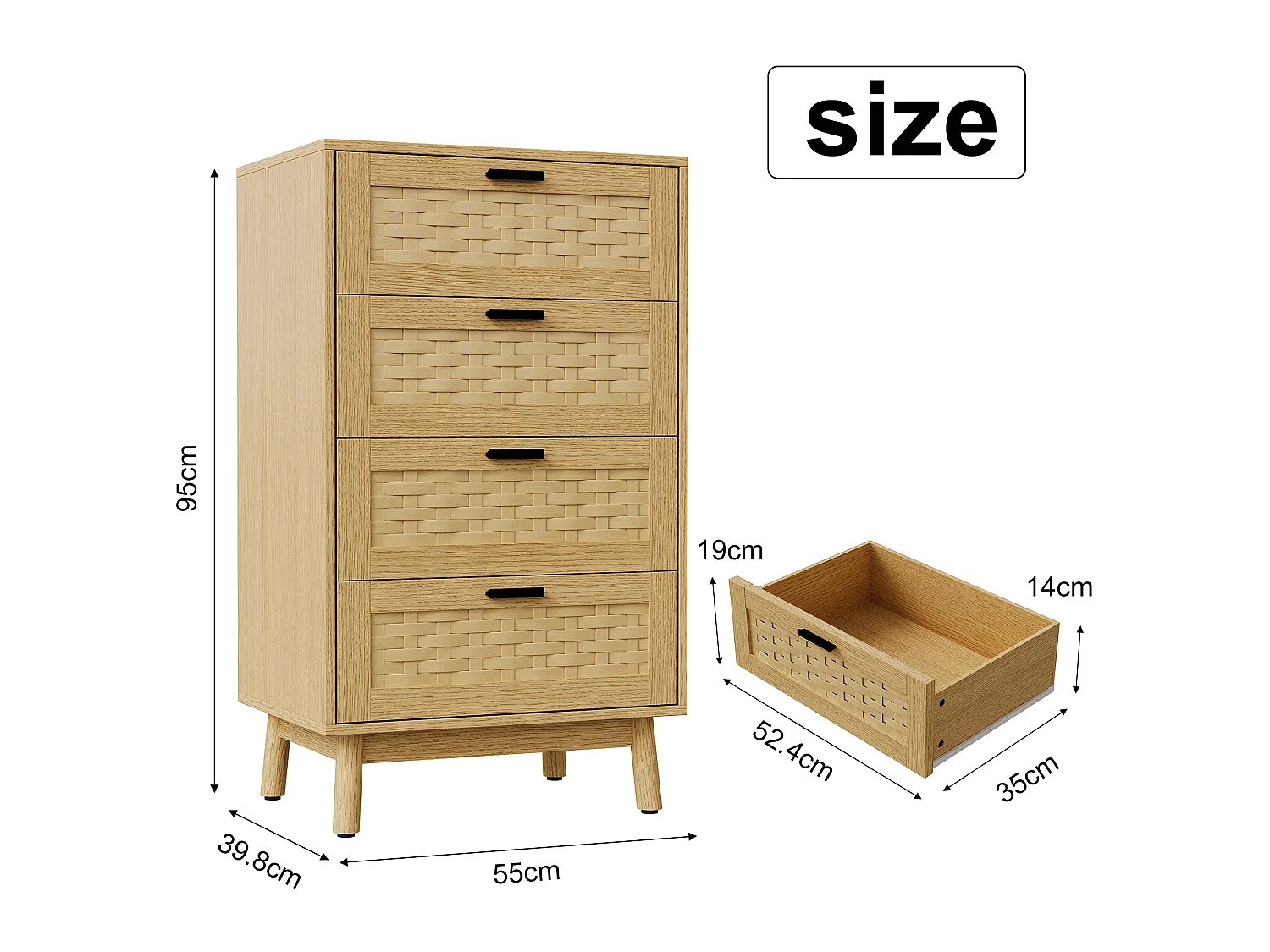 Cómoda de mimbre con 4 cajones - con tiradores y patas - 55 x 39,8 x 95 cm - mueble de almacenaje - color roble
