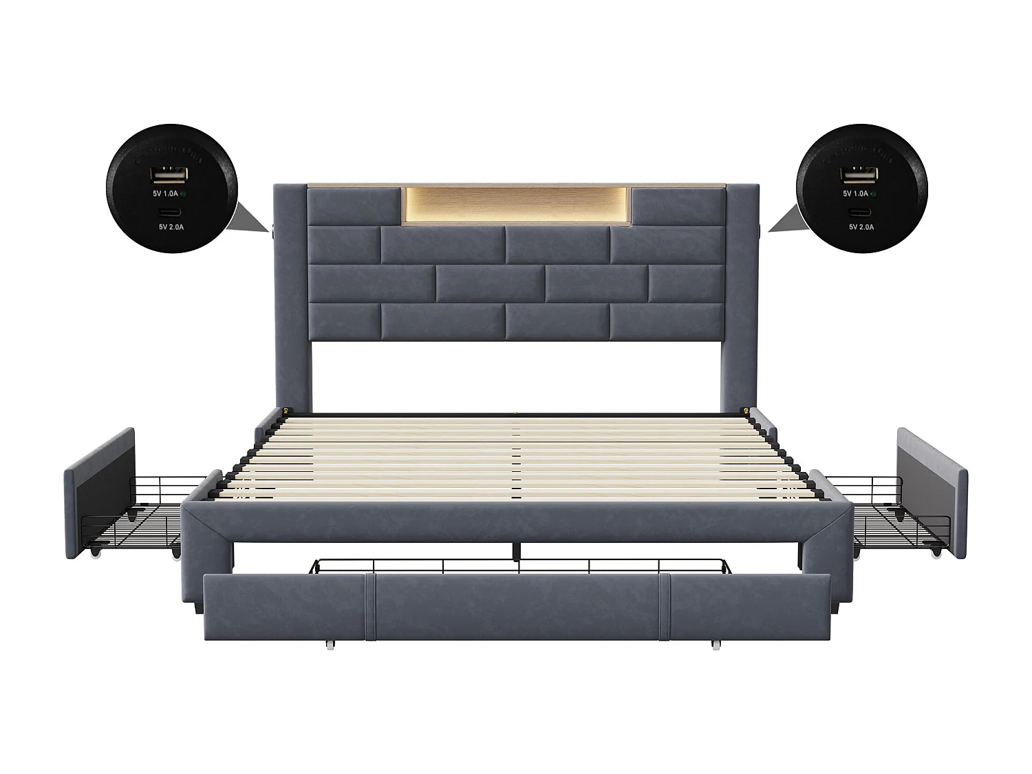 Cama con almacenaje de 140x200 cm con 3 cajones - cabecero con espacio de almacenaje e iluminación LED - puertos USB y Tipo C - terciopelo - gris