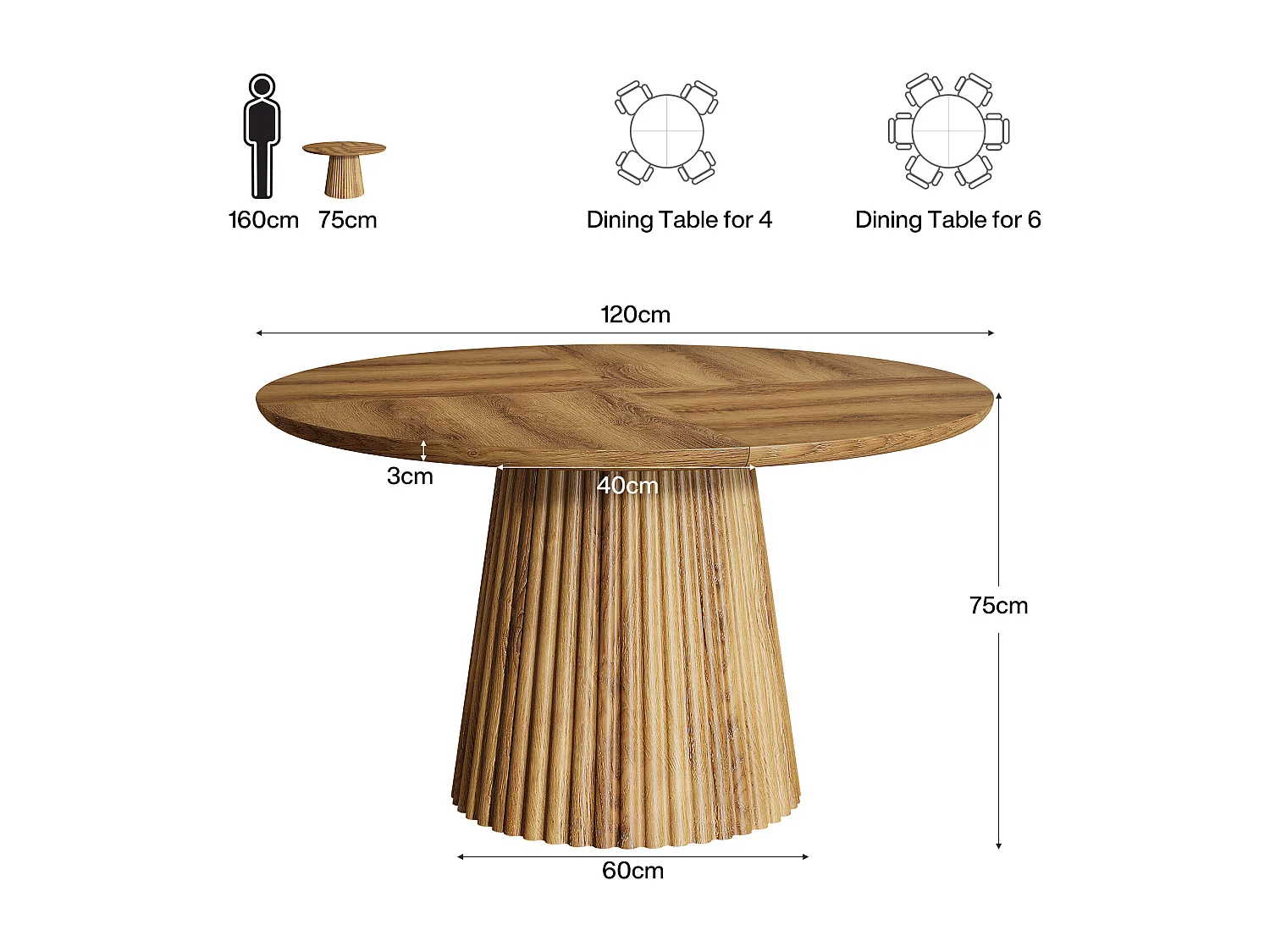 Table de salle à manger ronde pour 4 à 6 personnes, table de cuisine de style campagnard de 120 cm avec pied central cannelé pour salle à manger
