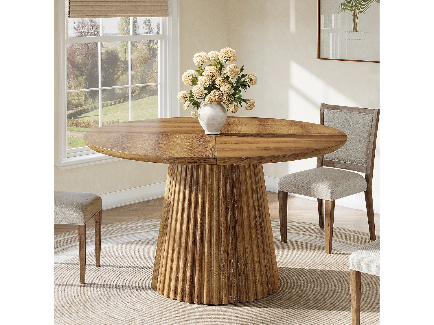 Table de salle à manger ronde pour 4 à 6 personnes, table de cuisine de style campagnard de 120 cm avec pied central cannelé pour salle à manger