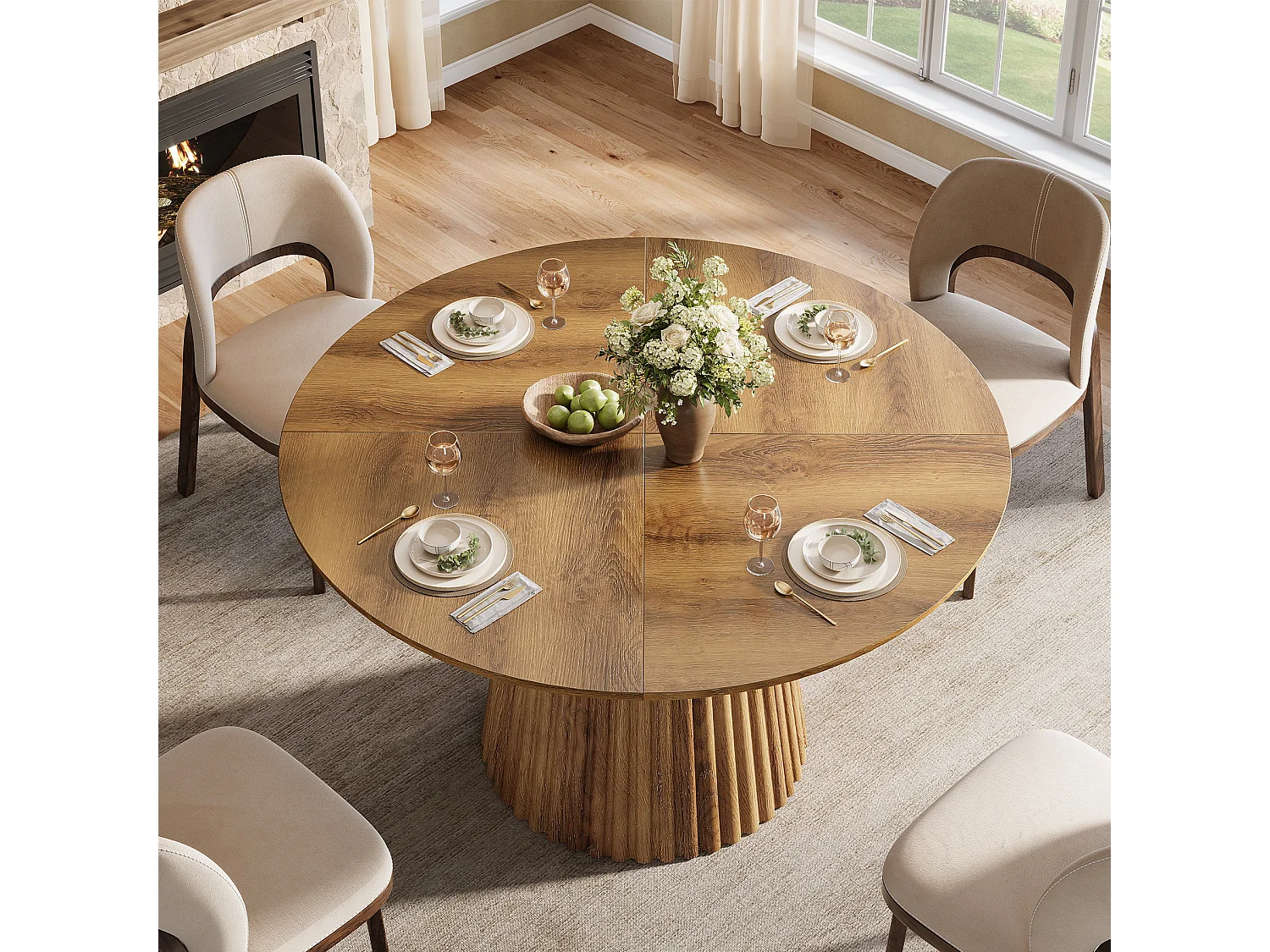 Table de salle à manger ronde pour 4 à 6 personnes, table de cuisine de style campagnard de 120 cm avec pied central cannelé pour salle à manger