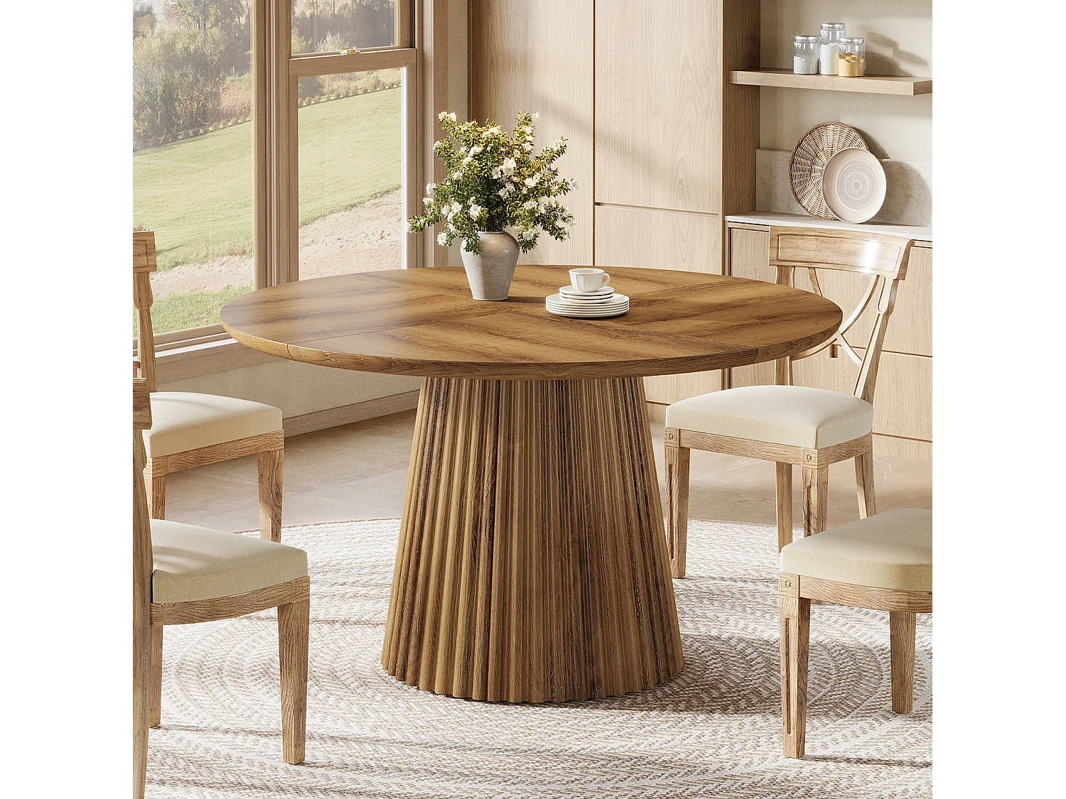 Table de salle à manger ronde pour 4 à 6 personnes, table de cuisine de style campagnard de 120 cm avec pied central cannelé pour salle à manger