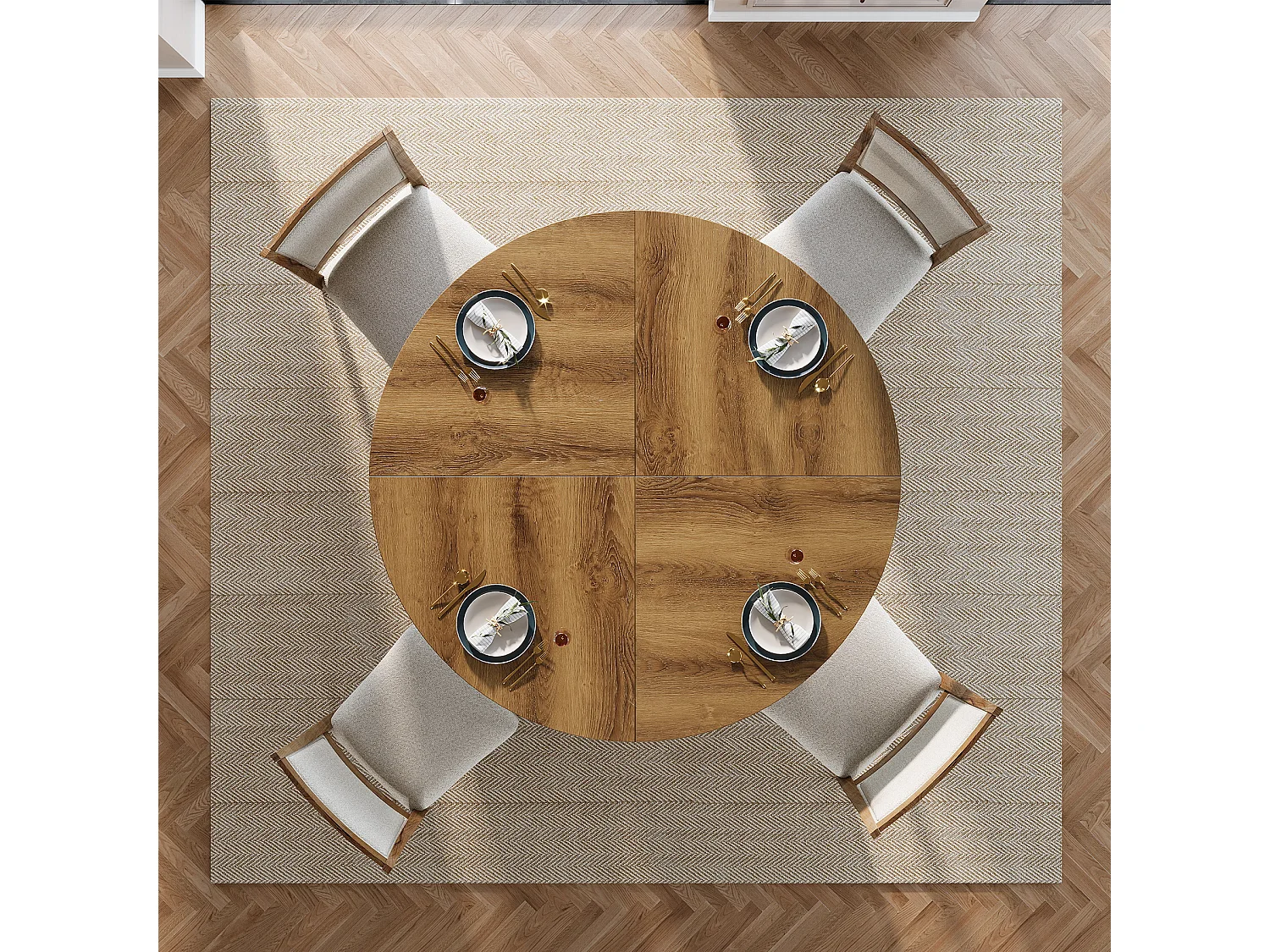 Table de salle à manger ronde pour 4 à 6 personnes, table de cuisine de style campagnard de 120 cm avec pied central cannelé pour salle à manger