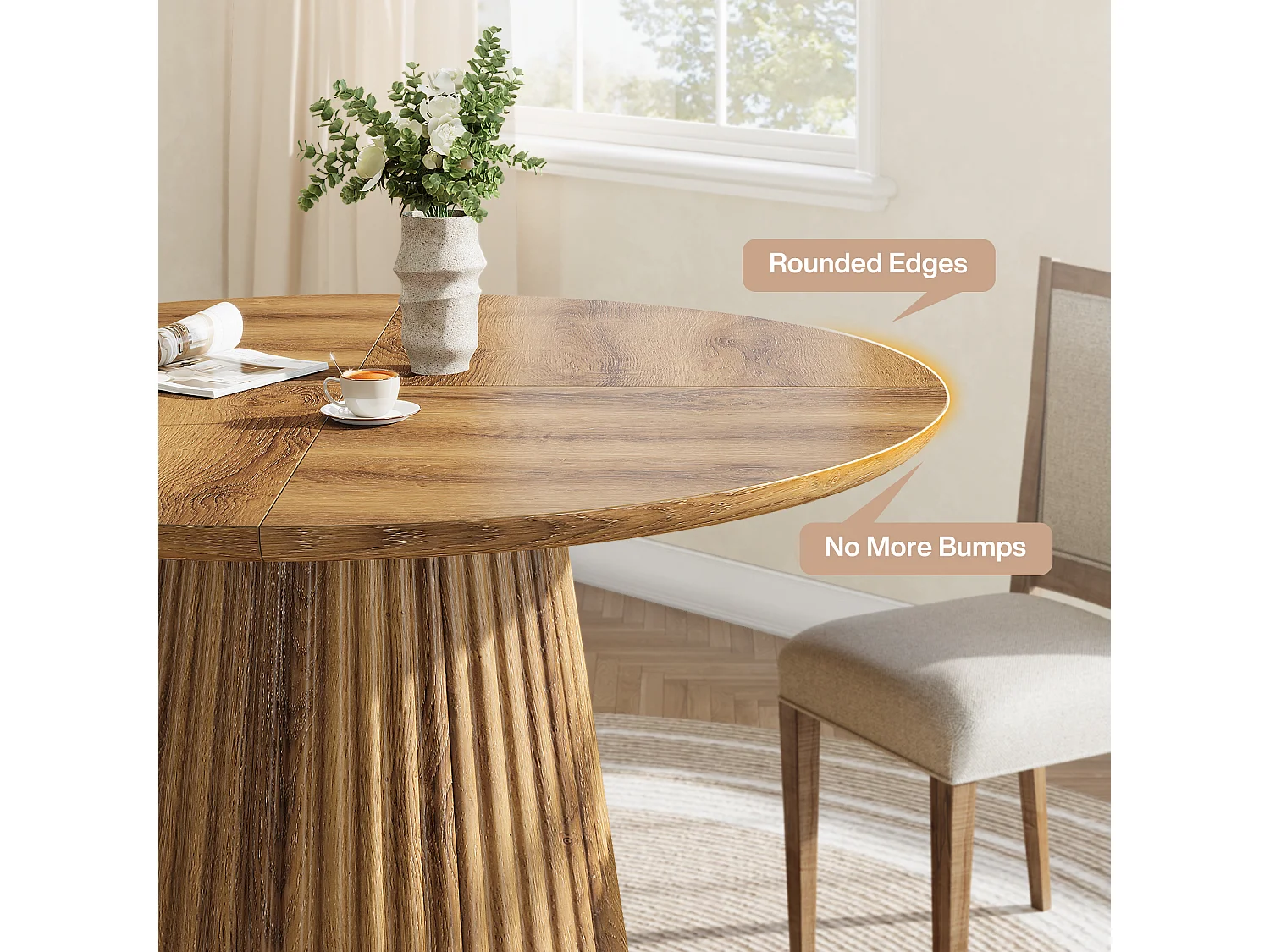 Table de salle à manger ronde pour 4 à 6 personnes, table de cuisine de style campagnard de 120 cm avec pied central cannelé pour salle à manger