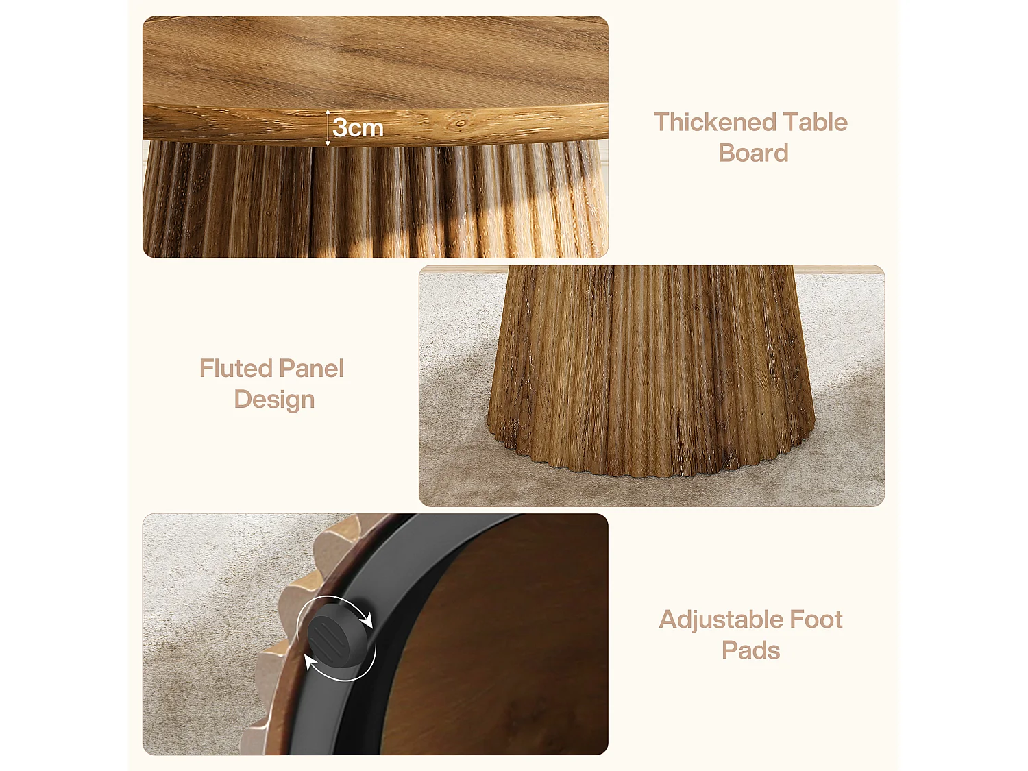 Table de salle à manger ronde pour 4 à 6 personnes, table de cuisine de style campagnard de 120 cm avec pied central cannelé pour salle à manger
