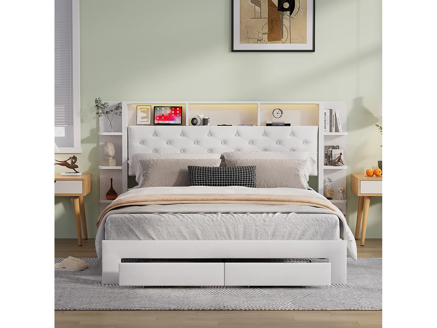 Lit double 160 x 200 cm - Tête de lit avec LED et ports USB - Compartiments de rangement et 2 tiroirs - Velours - Blanc