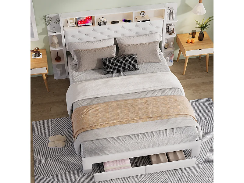 Lit double 160 x 200 cm - Tête de lit avec LED et ports USB - Compartiments de rangement et 2 tiroirs - Velours - Blanc