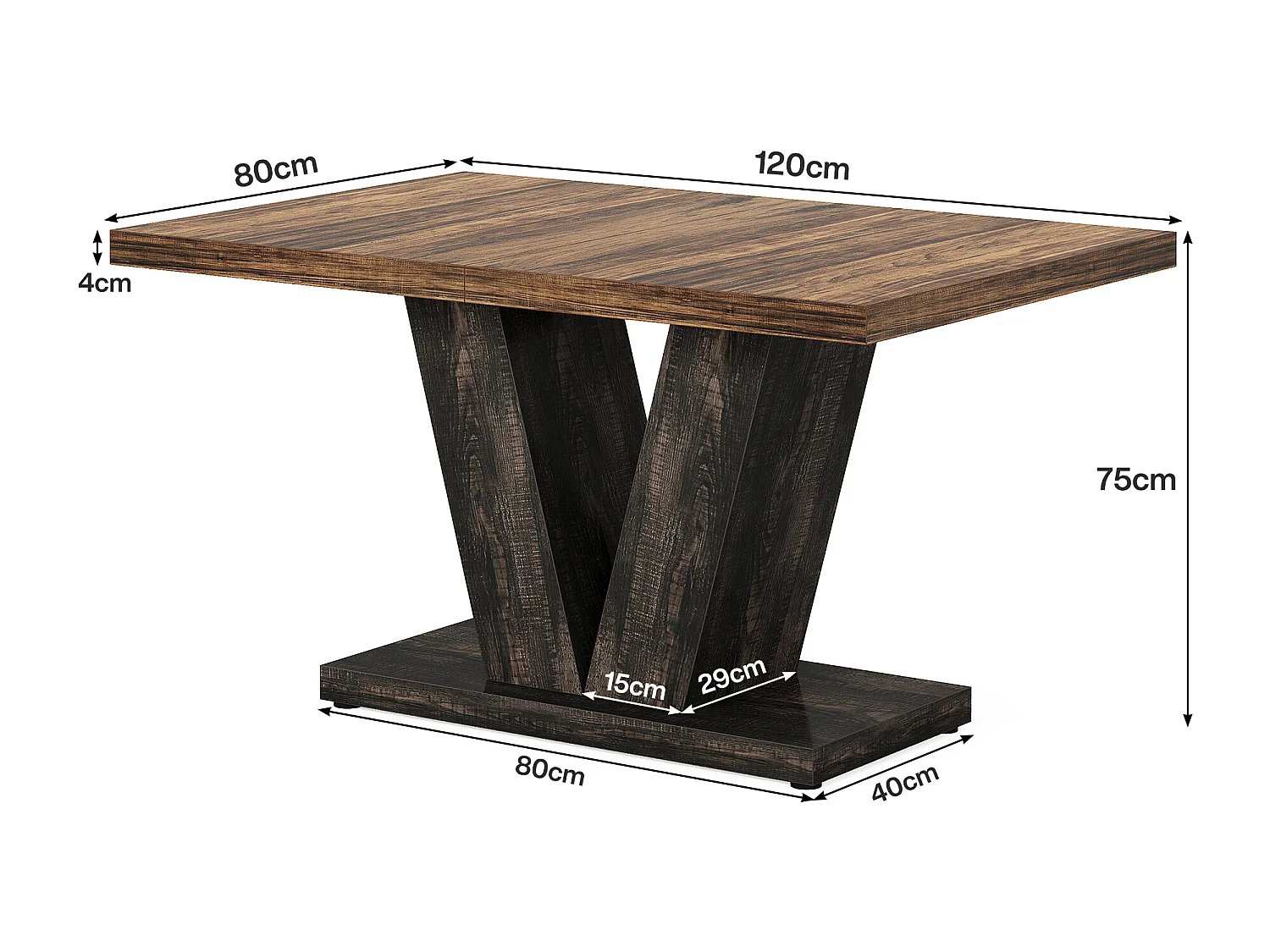 Table à manger pour 4 personnes, tables de salle à manger modernes, table de cuisine rectangulaire avec pied en V