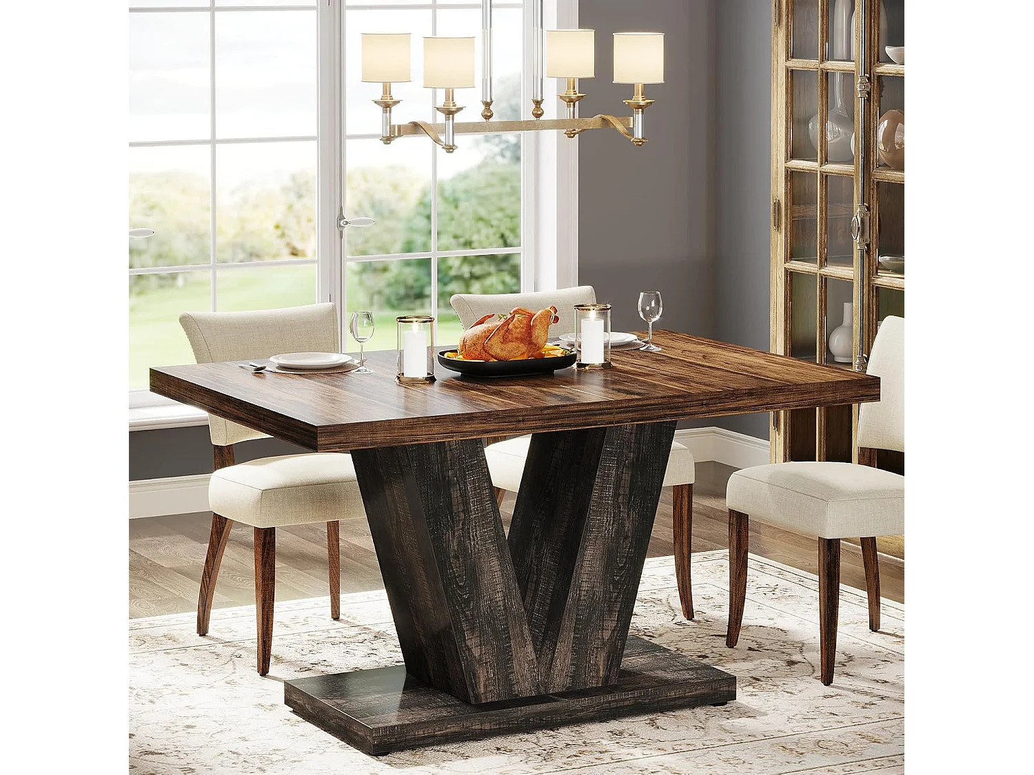 Table à manger pour 4 personnes, tables de salle à manger modernes, table de cuisine rectangulaire avec pied en V