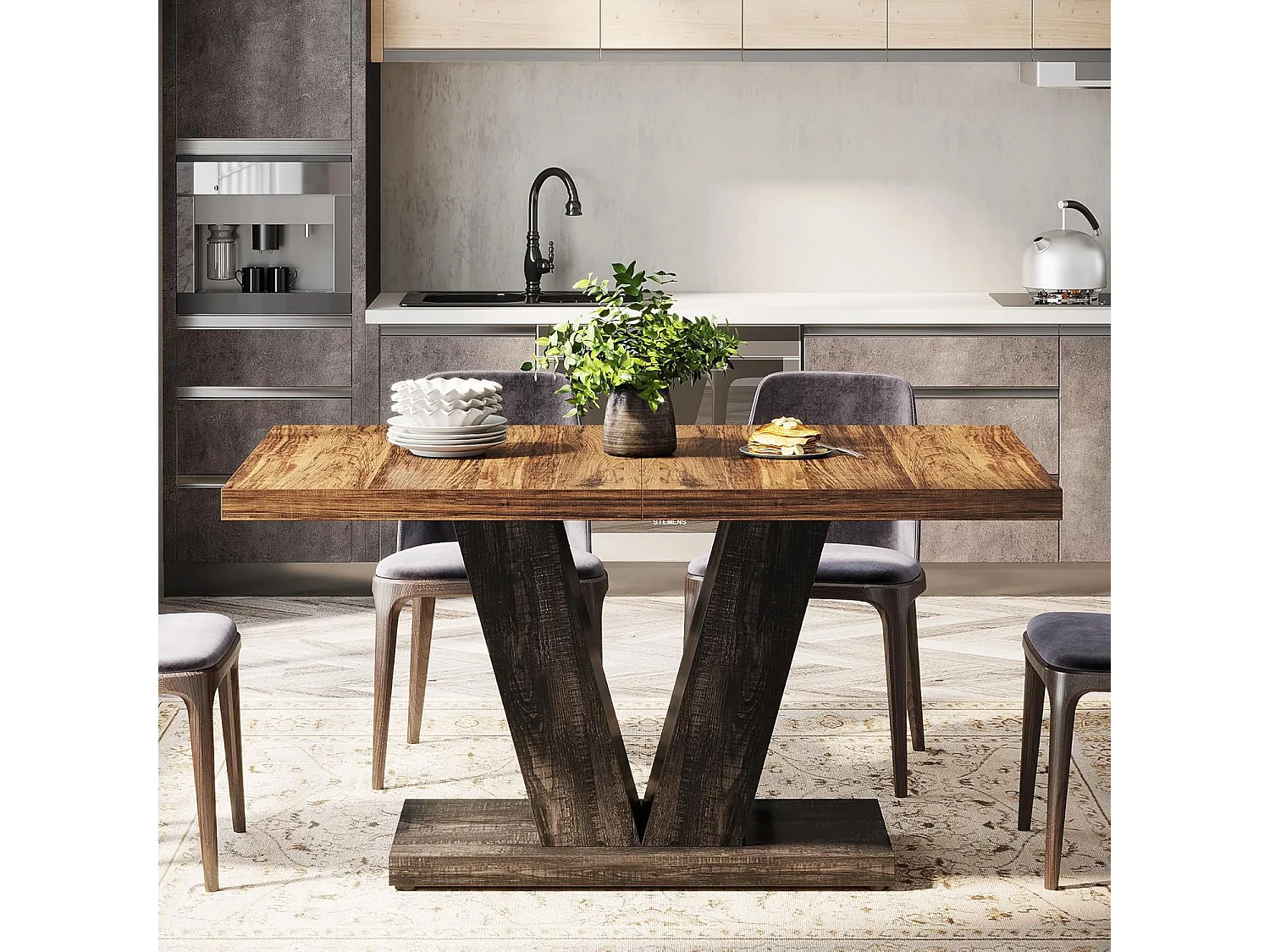 Table à manger pour 4 personnes, tables de salle à manger modernes, table de cuisine rectangulaire avec pied en V