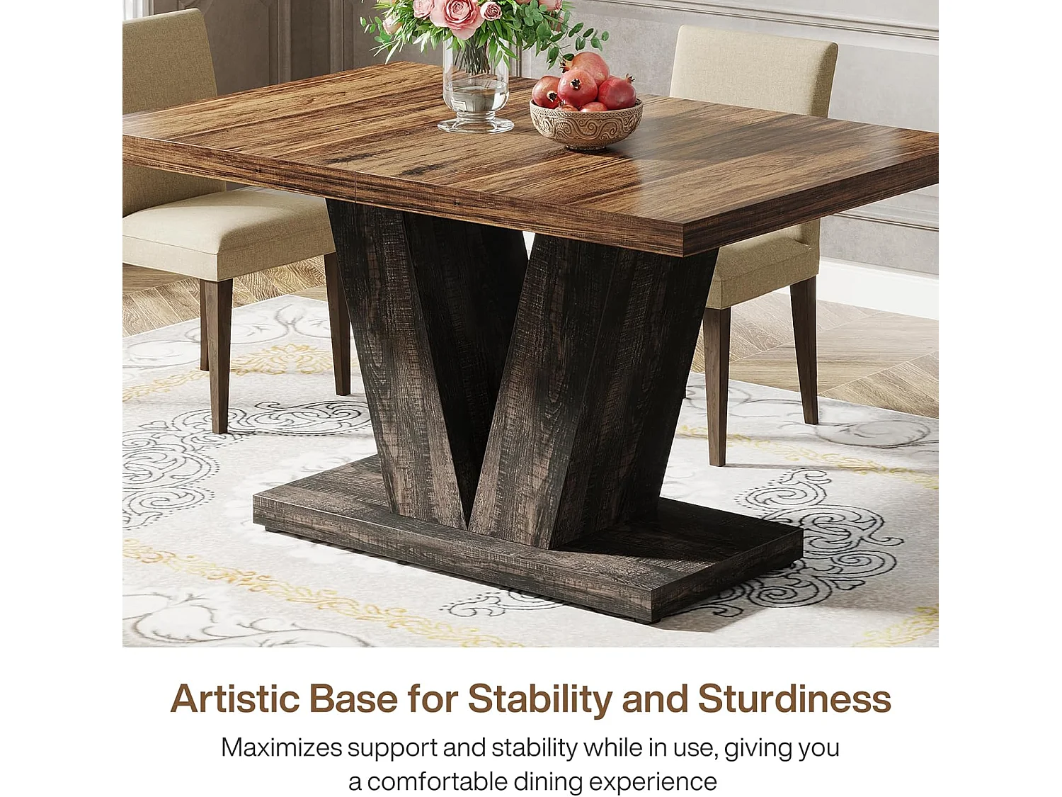 Table à manger pour 4 personnes, tables de salle à manger modernes, table de cuisine rectangulaire avec pied en V