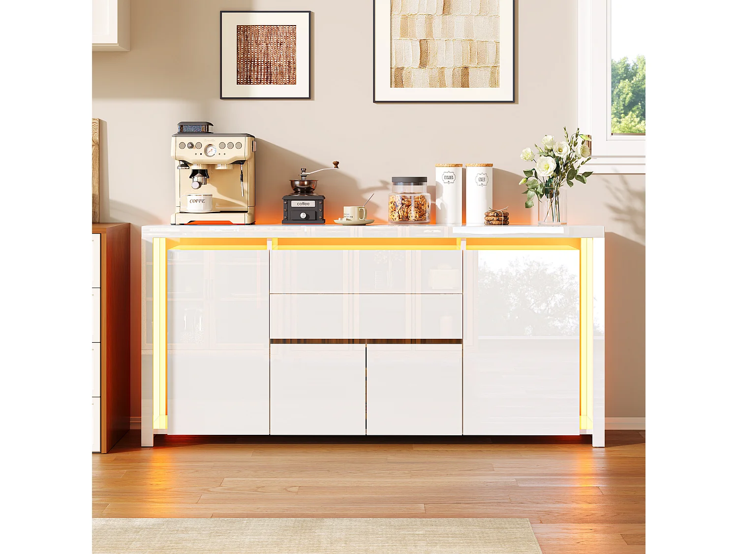 Aparador con iluminación LED y 2 cajones - Cómoda de 4 puertas con compartimentos - Mueble de almacenaje - Mueble de cocina/salón - Blanco