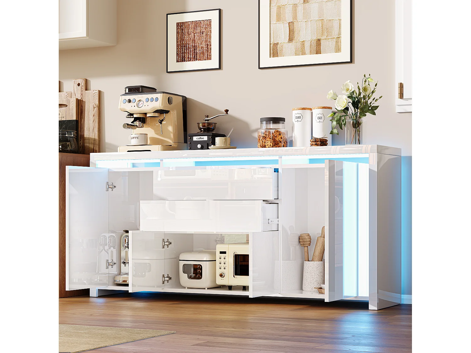 Aparador con iluminación LED y 2 cajones - Cómoda de 4 puertas con compartimentos - Mueble de almacenaje - Mueble de cocina/salón - Blanco