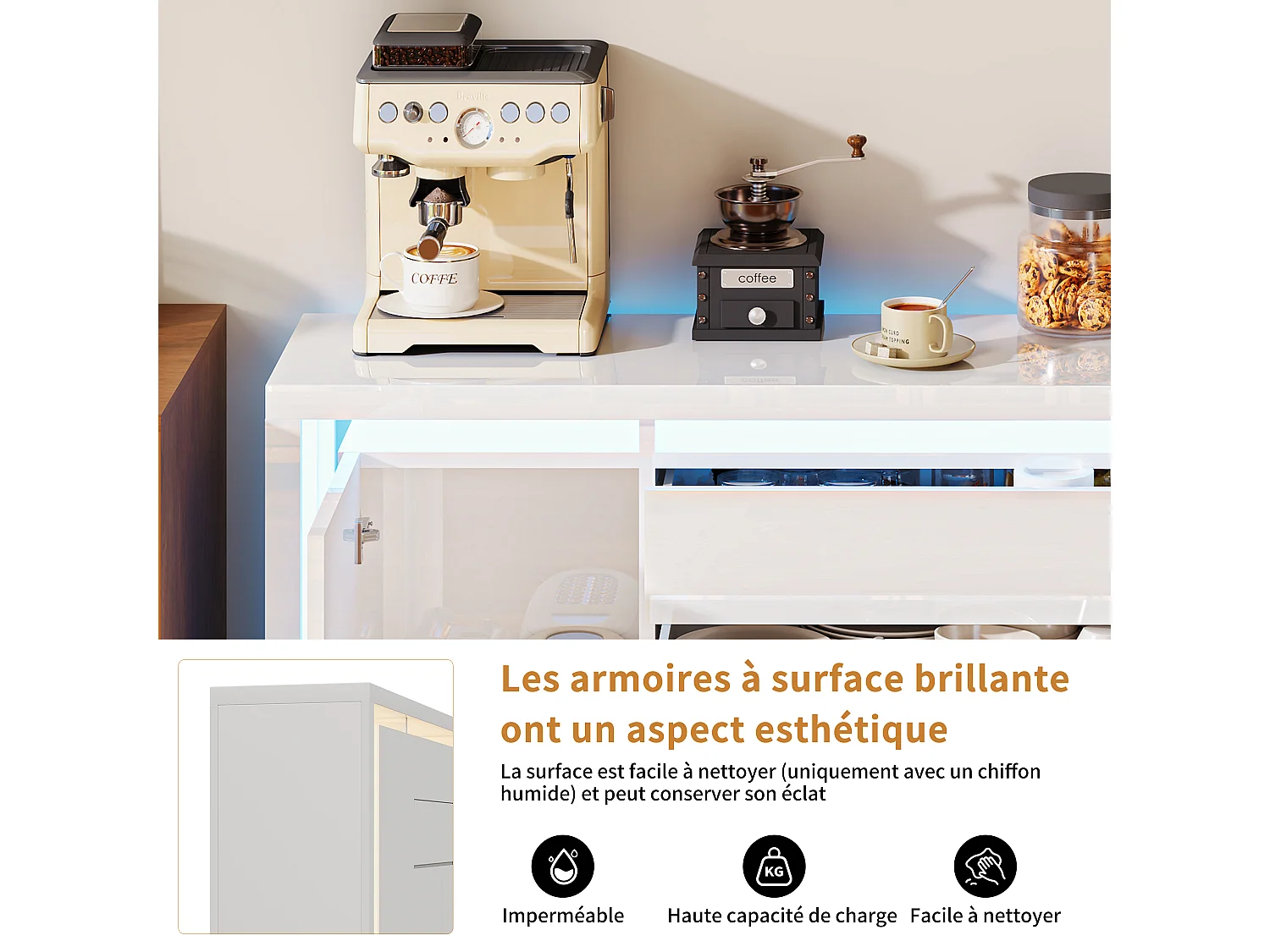 Aparador con iluminación LED y 2 cajones - Cómoda de 4 puertas con compartimentos - Mueble de almacenaje - Mueble de cocina/salón - Blanco