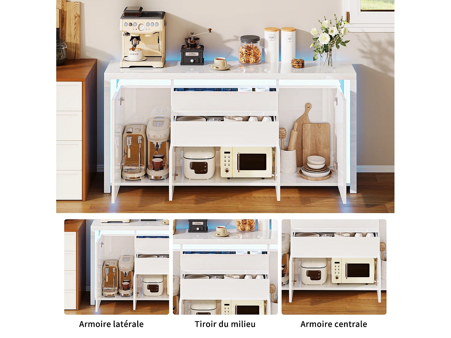 Aparador con iluminación LED y 2 cajones - Cómoda de 4 puertas con compartimentos - Mueble de almacenaje - Mueble de cocina/salón - Blanco