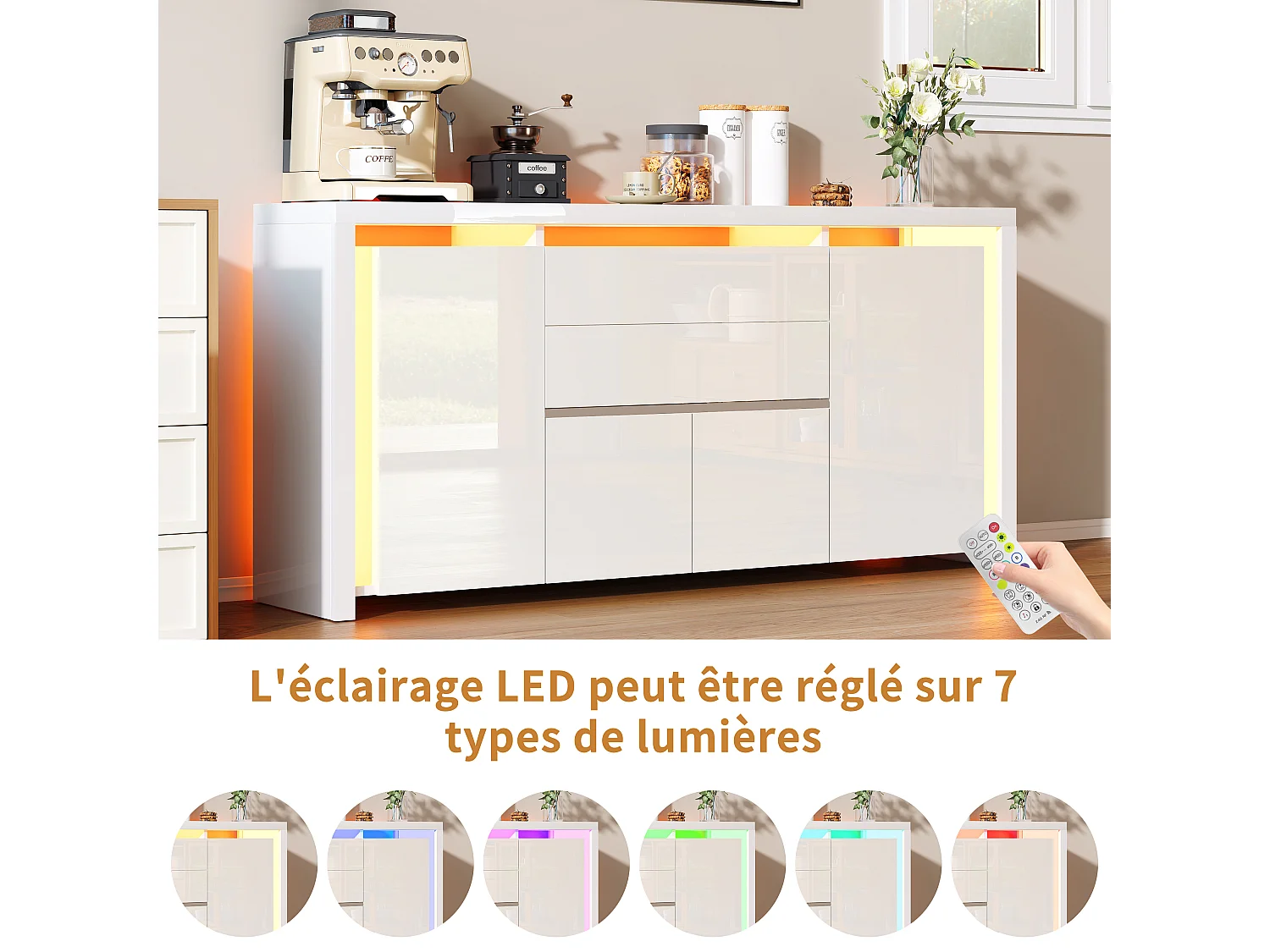 Aparador con iluminación LED y 2 cajones - Cómoda de 4 puertas con compartimentos - Mueble de almacenaje - Mueble de cocina/salón - Blanco