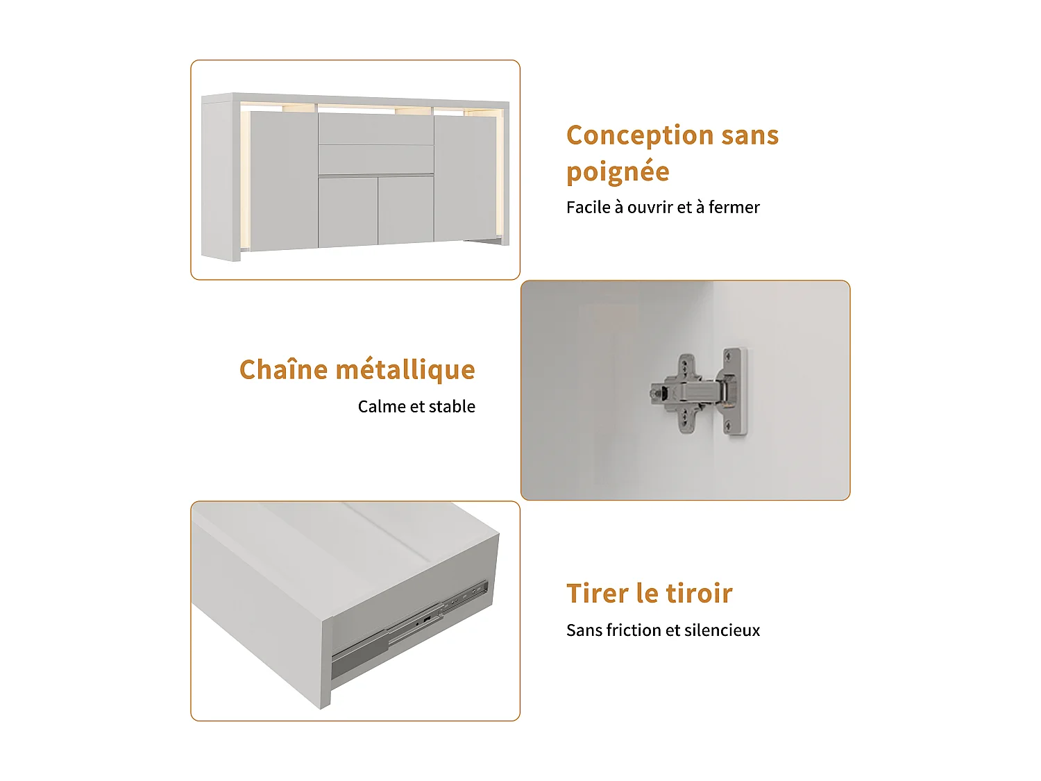 Aparador con iluminación LED y 2 cajones - Cómoda de 4 puertas con compartimentos - Mueble de almacenaje - Mueble de cocina/salón - Blanco