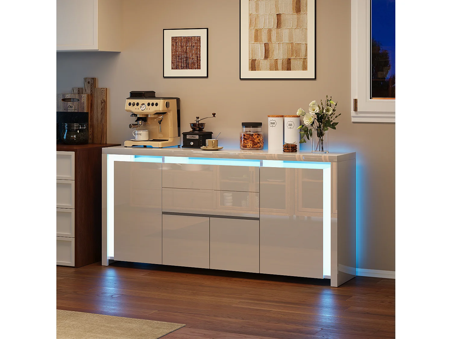 Aparador con iluminación LED y 2 cajones - Cómoda de 4 puertas con compartimentos - Mueble de almacenaje - Mueble de cocina/salón - Blanco