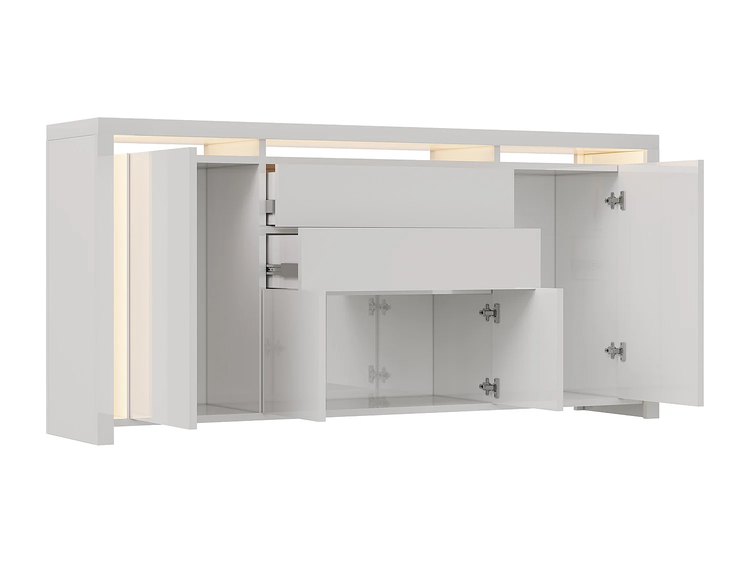 Aparador con iluminación LED y 2 cajones - Cómoda de 4 puertas con compartimentos - Mueble de almacenaje - Mueble de cocina/salón - Blanco