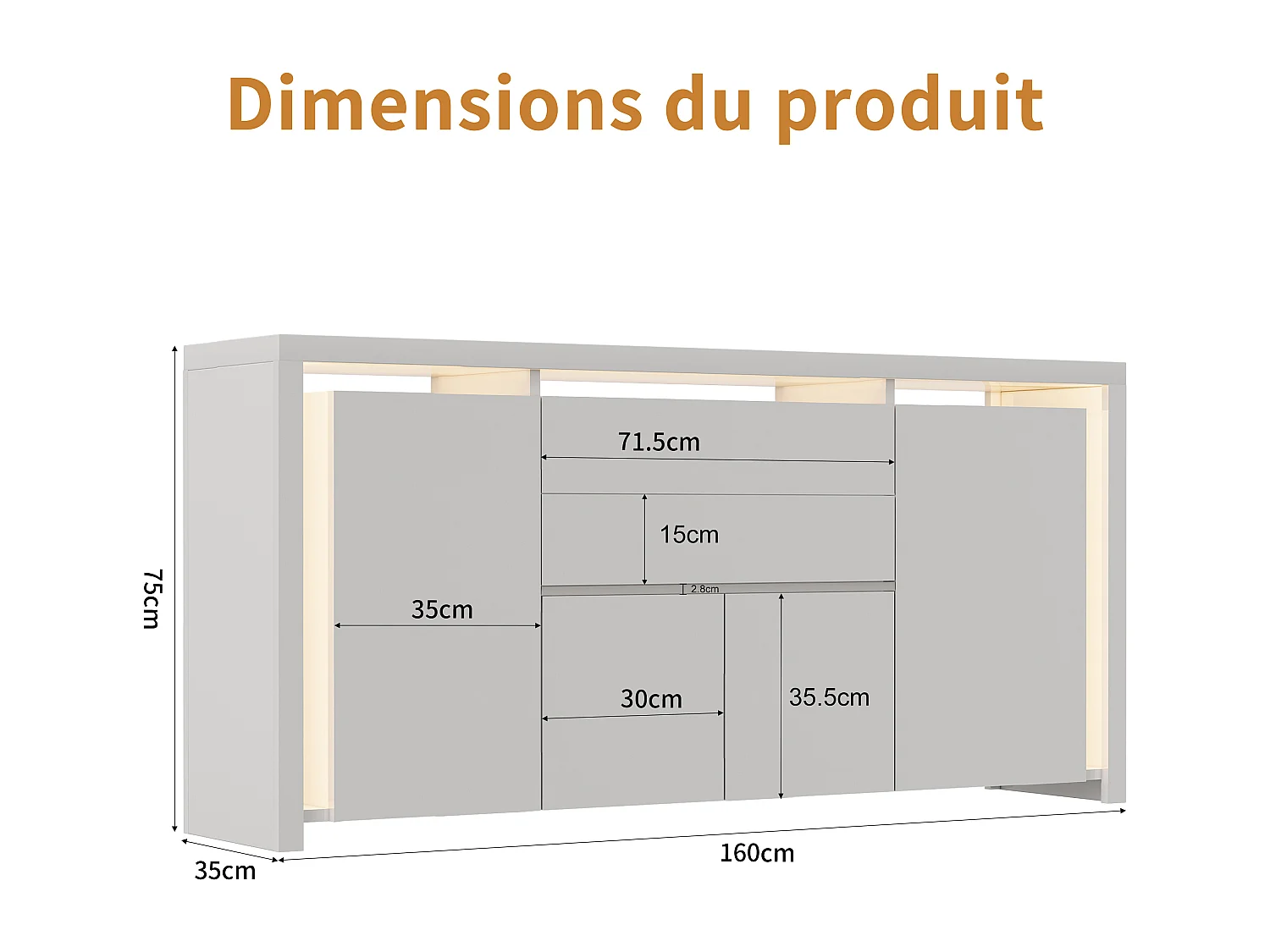 Aparador con iluminación LED y 2 cajones - Cómoda de 4 puertas con compartimentos - Mueble de almacenaje - Mueble de cocina/salón - Blanco