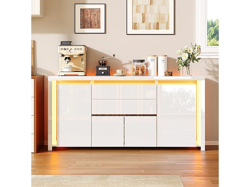 Aparador con iluminación LED y 2 cajones - Cómoda de 4 puertas con compartimentos - Mueble de almacenaje - Mueble de cocina/salón - Blanco