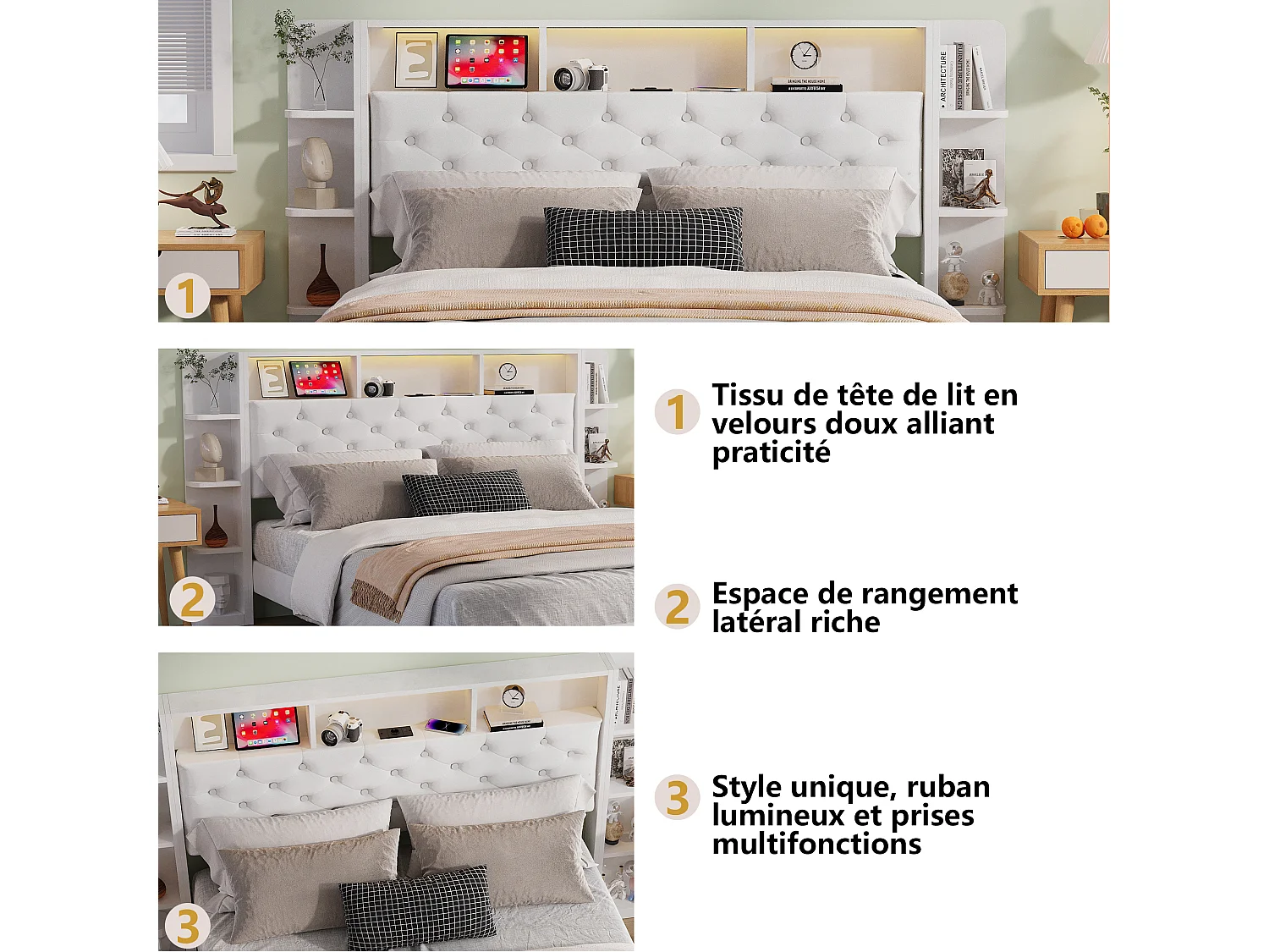 Lit double 140 x 200 cm - Tête de lit avec LED et ports USB - Compartiments de rangement et 2 tiroirs - Velours - Blanc