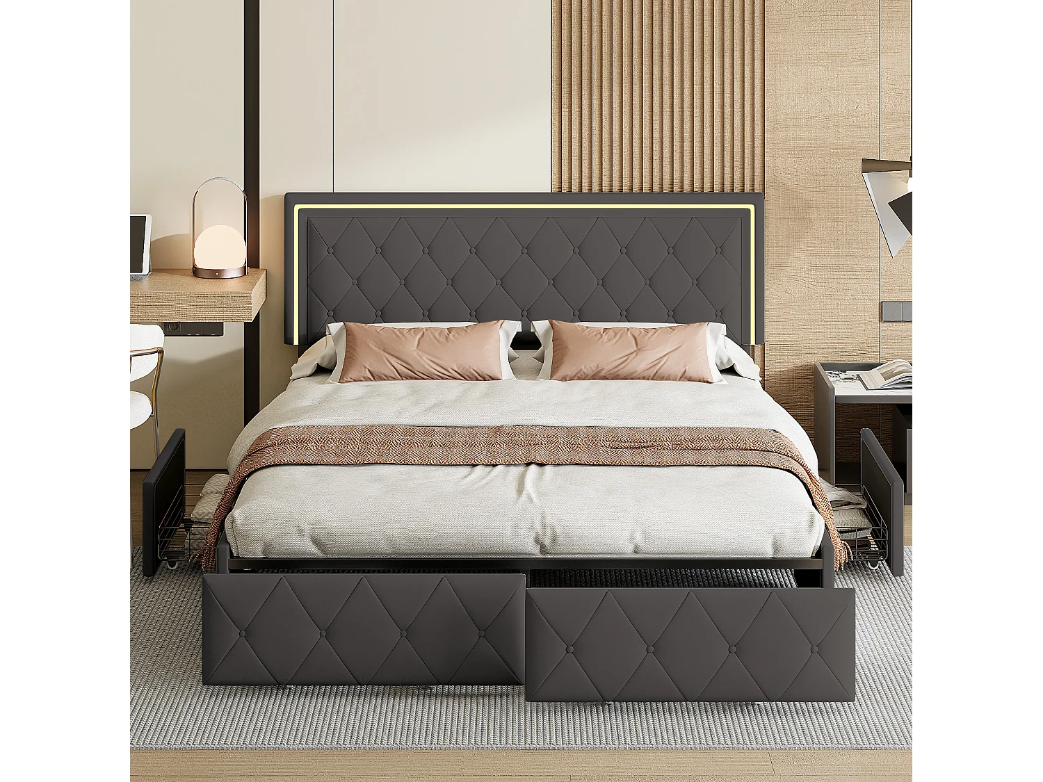 Lit double 140x200 cm avec éclairage LED et 4 tiroirs - tête de lit réglable - PU - gris