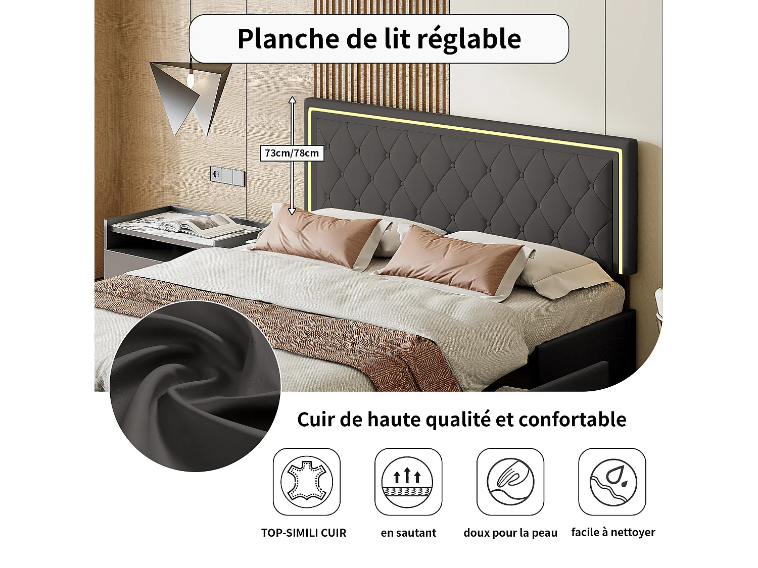 Lit double 140x200 cm avec éclairage LED et 4 tiroirs - tête de lit réglable - PU - gris