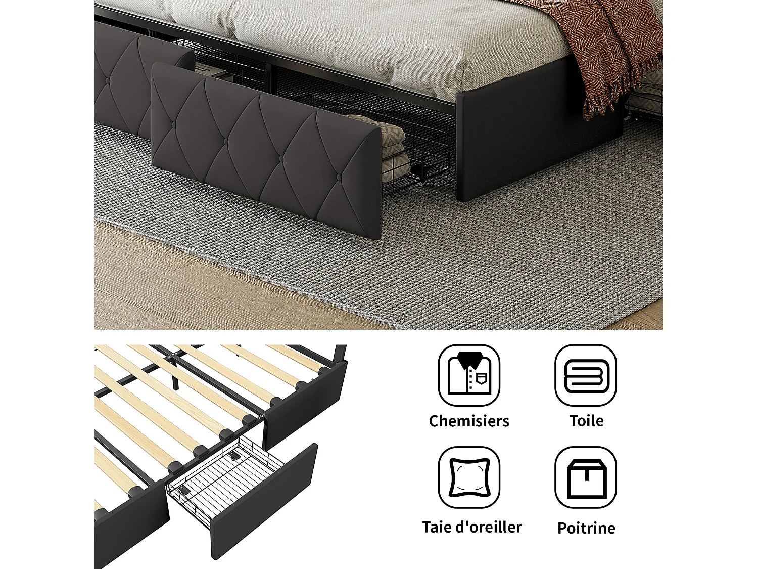Lit double 140x200 cm avec éclairage LED et 4 tiroirs - tête de lit réglable - PU - gris