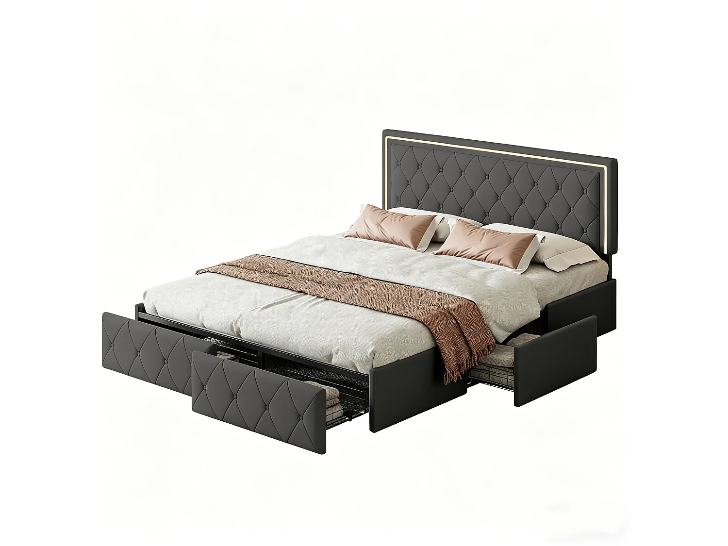 Lit double 140x200 cm avec éclairage LED et 4 tiroirs - tête de lit réglable - PU - gris